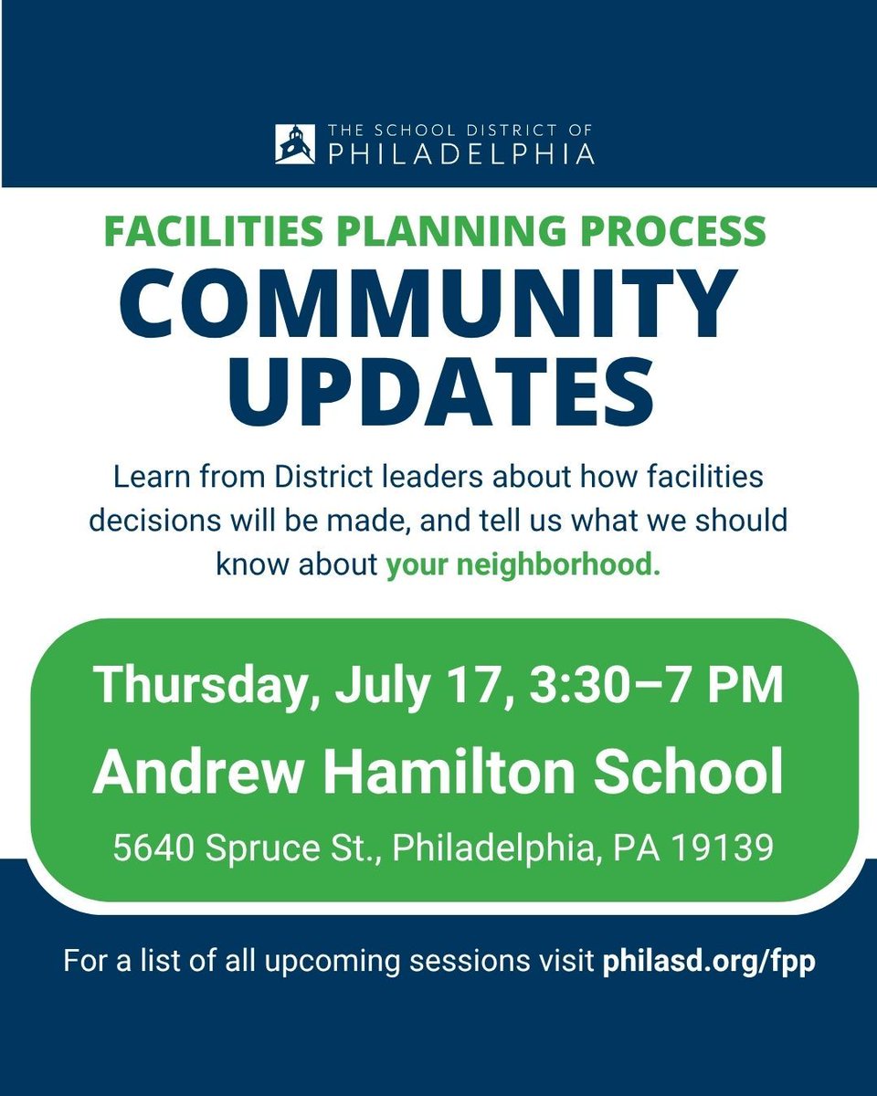CouncilmemberJG's tweet image. Help shape the future of Philly public schools!
Join me at the School District of Philadelphia's facilities planning community meeting at Hamilton this Thursday, July 17th.