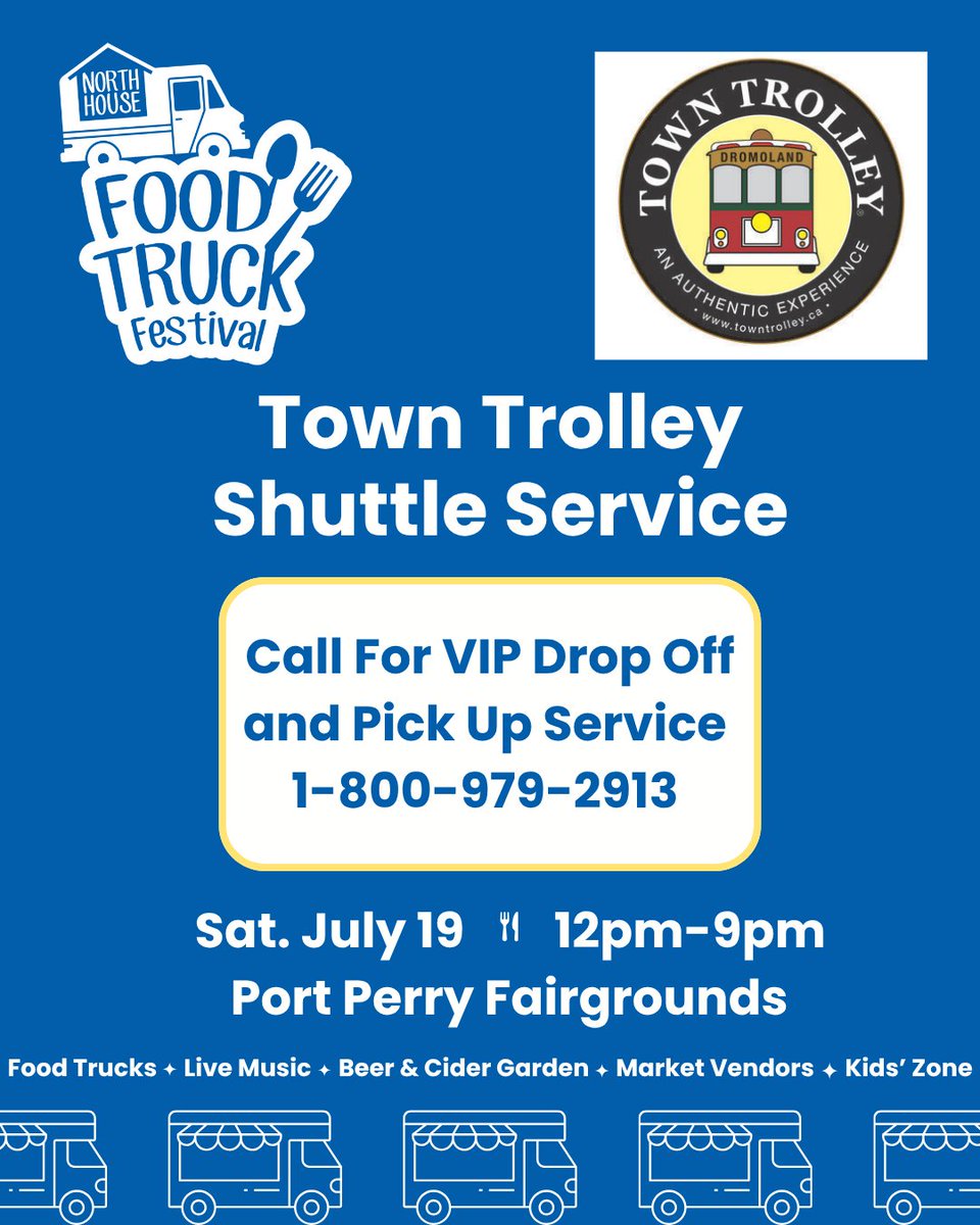Planning on attending the North House Food Truck Festival on Saturday but don't feel like driving? We are excited to be partnering with the Town Trolley to be offering a VIP Pick Up and Drop Off Service! 🚎

Simply call 1-800-979-2913 to arrange a pick up in Scugog or Uxbridge!
