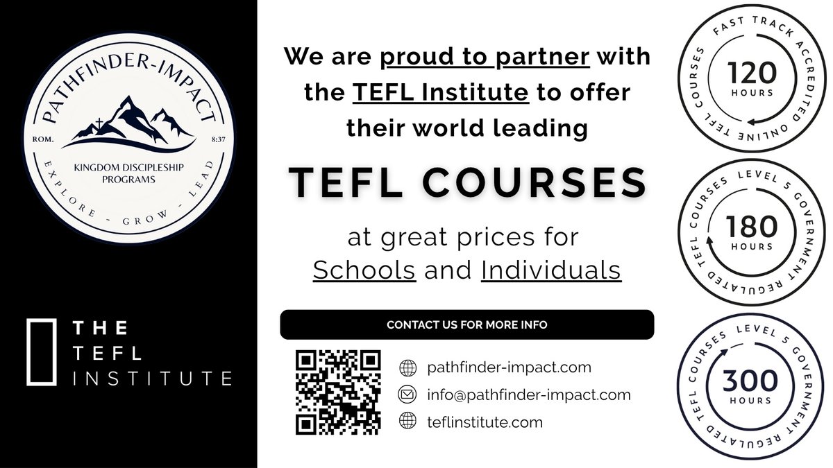 We are proud to partner with the TEFL Institute to offer their world leading TEFL COURSES at great prices for Schools and Individuals 👌 

Contact us for more info at:
pathfinder-impact.com/contact-us/ 
and have a look at: teflinstitute.com