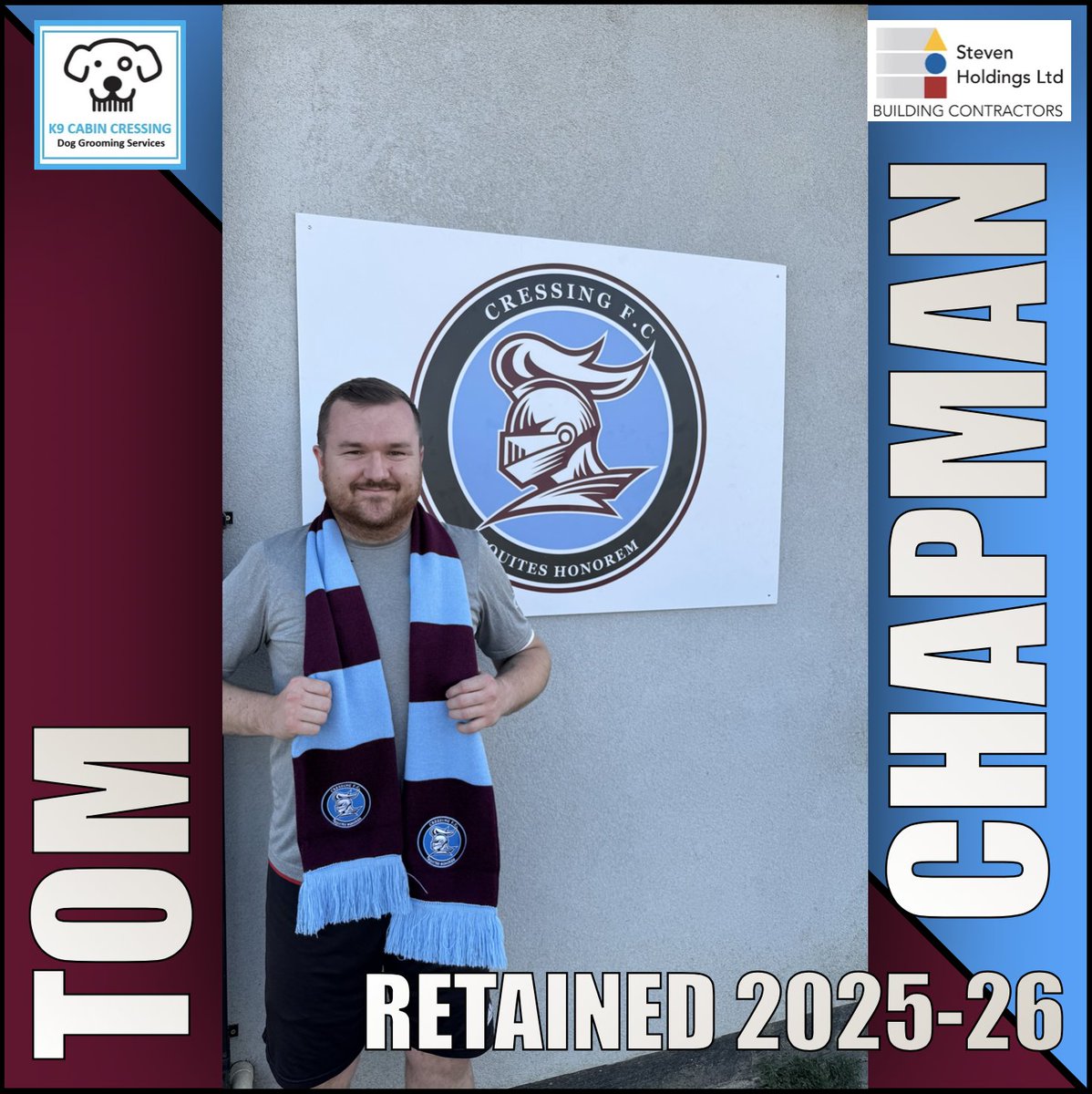 CressingFC's tweet image. RETAINED 2025/26 🤝

Tom Chapman returns for another season💥

Up the Cressing!⚽️

#CressingFC
#K9CabinCressing
#StevenHoldingsLTD
#UTC