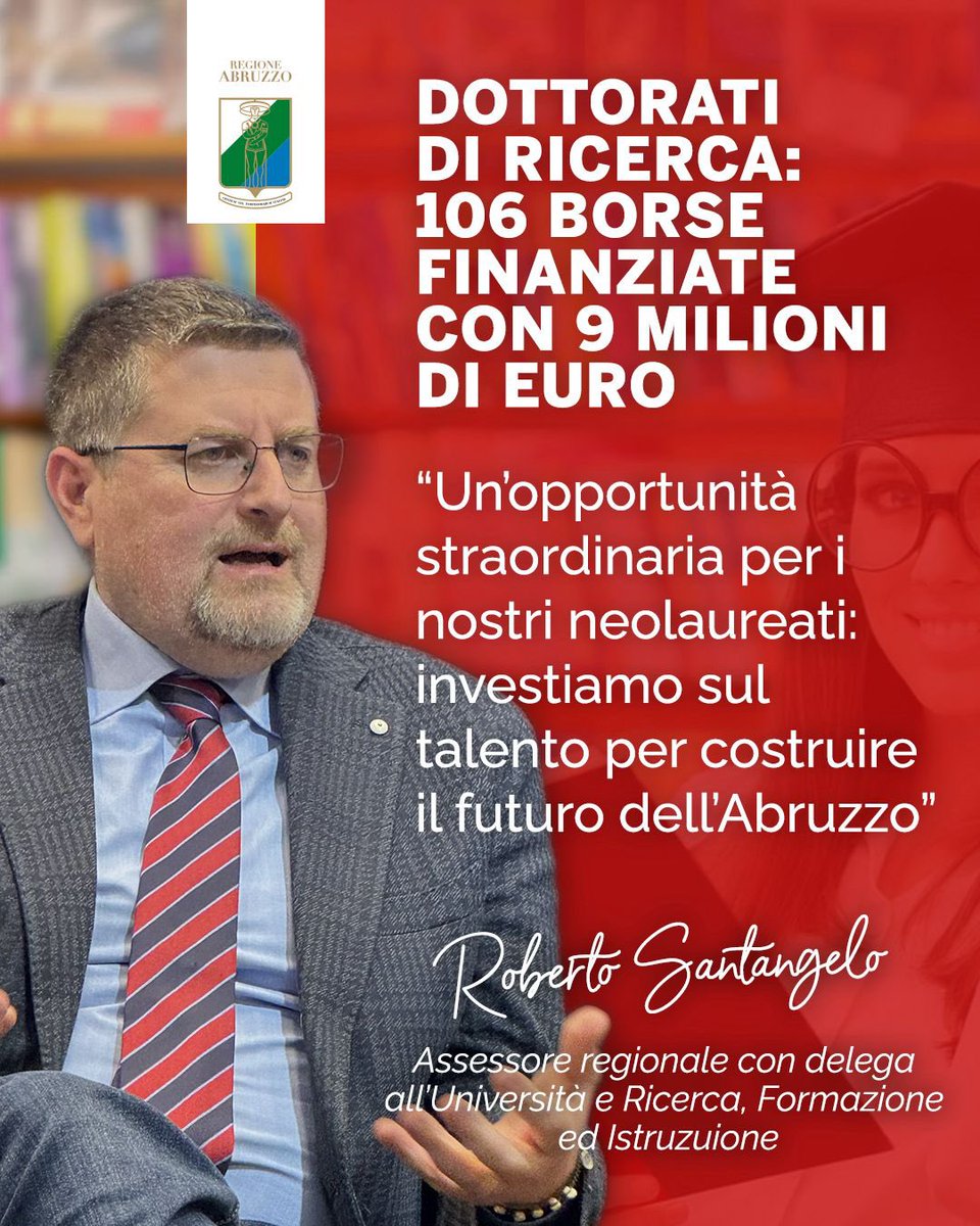 🎓 Pubblicato l’Avviso FSE+ per 106 dottorati finanziati dalla <a href="/RegioneAbruzzo/">dnapoleo</a>: 9 mln di euro per trattenere i talenti e rafforzare l’alta formazione.
Borse da 30.000€/anno, selezioni a cura degli Atenei.
Online sui siti delle Università abruzzesi.
#Abruzzo #FSEplus
