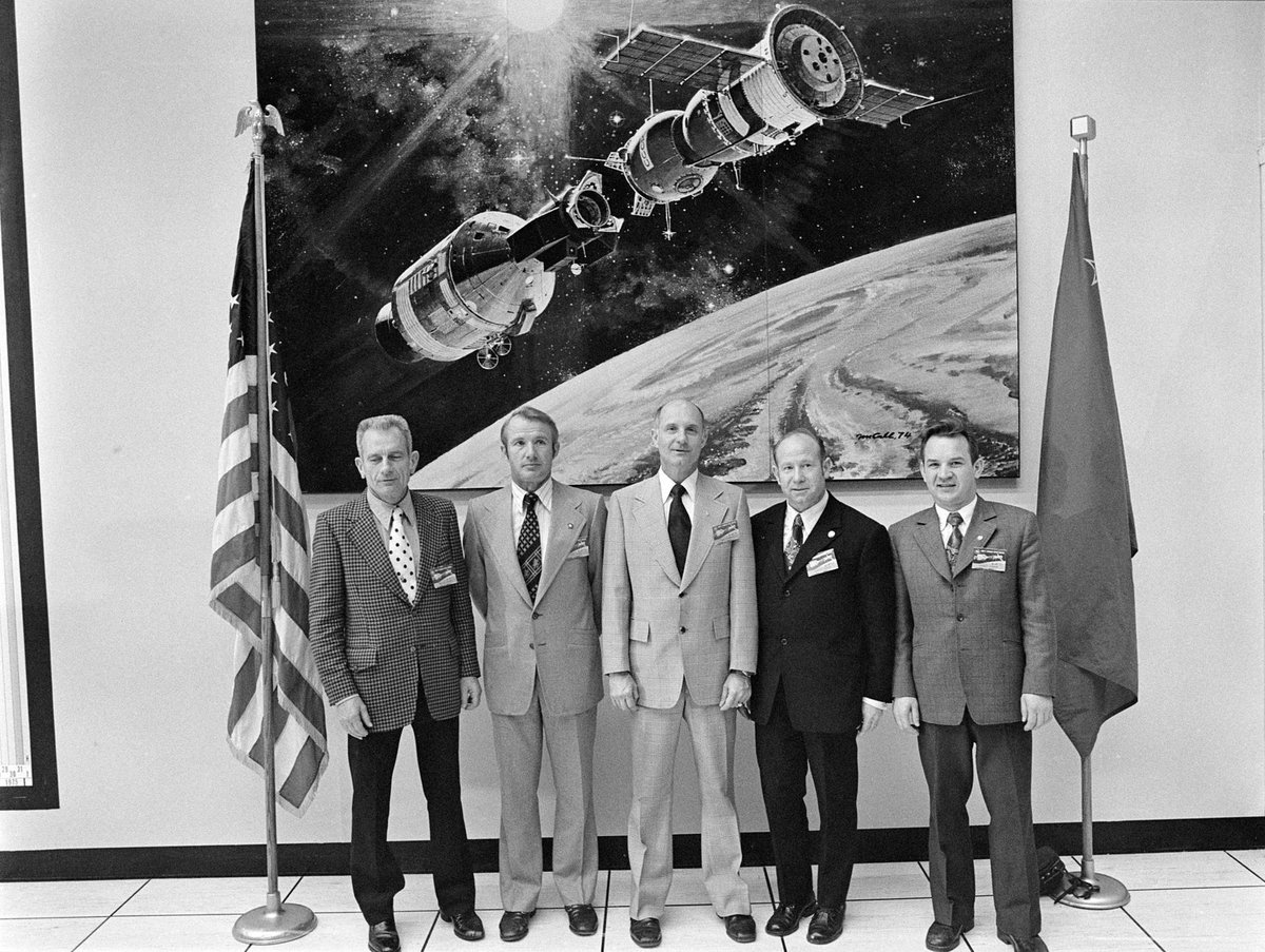 QuestQuarterly's tweet photo. Fifty years ago today the Apollo Soyuz crews departed their launch pads at Kennedy Space Center and the Baikonur Cosmodrome on their way to an historic joint flight. The Apollo launch was the final launch of a Saturn rocket. https://t.co/eMAufvLztM