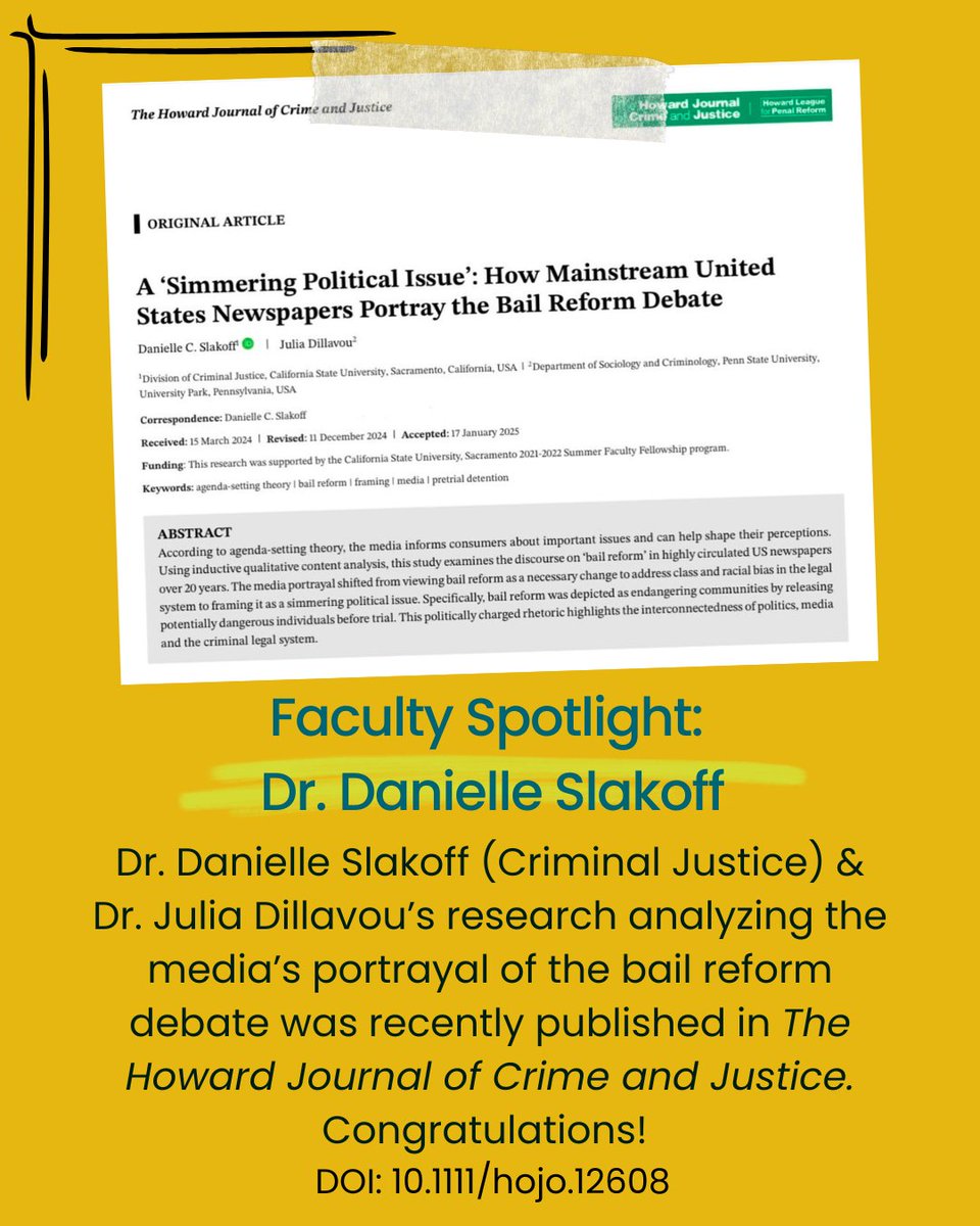 SacStatehhs's tweet image. 📣⭐️Faculty Spotlight⭐️
Dr. Slakoff (Criminal Justice) & Dr. Dillavou’s new study on how mainstream media portrays the bail reform debate is out now in The Howard Journal of Crime and Justice! 📰⚖️
🔗 doi.org/10.1111/hojo.1…
#BailReform #CriminalJustice #MediaStudies
