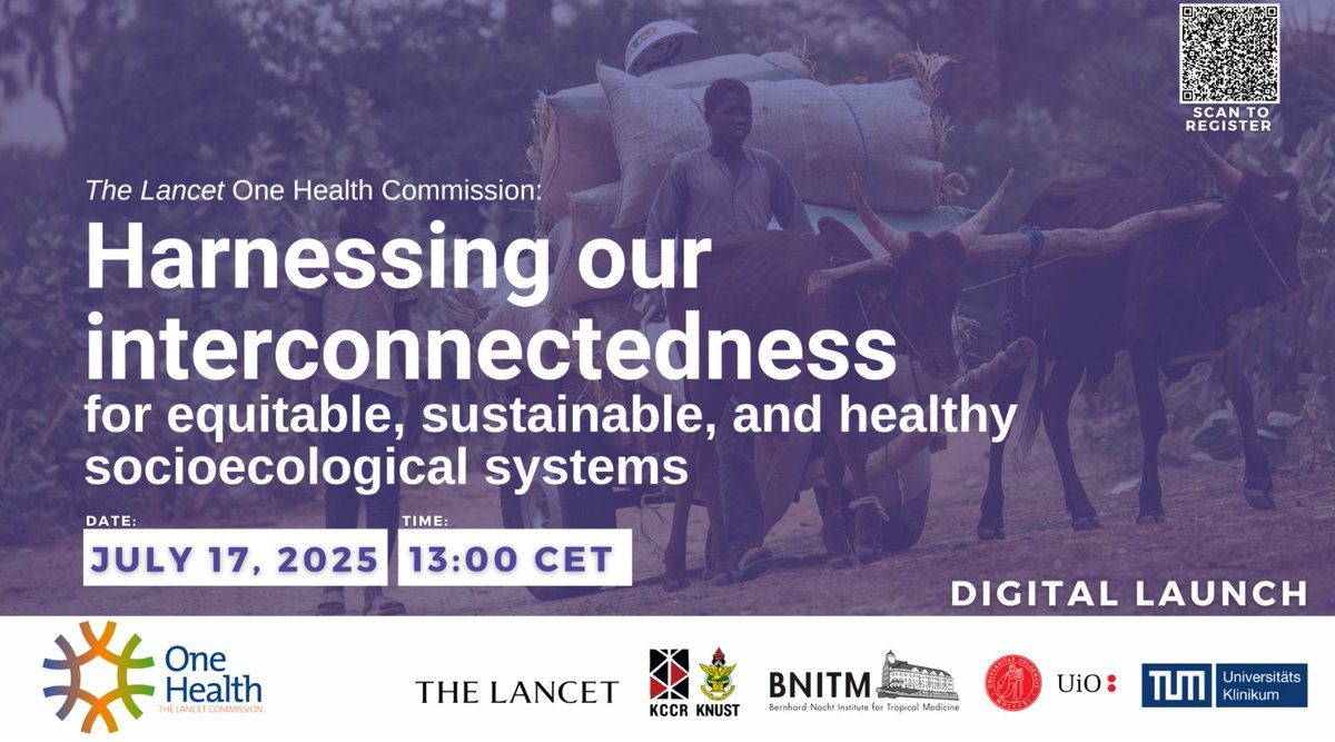 OneHealthUofG's tweet image. On Thurs. July 17, 7:00 am EDT, there will be a digital launch of @TheLancet One Health Commission Report.

The launch will bring together global experts, policymakers, and practitioners for a conversation on the report’s key findings and recommendations: 
med.uio.no/helsam/english…