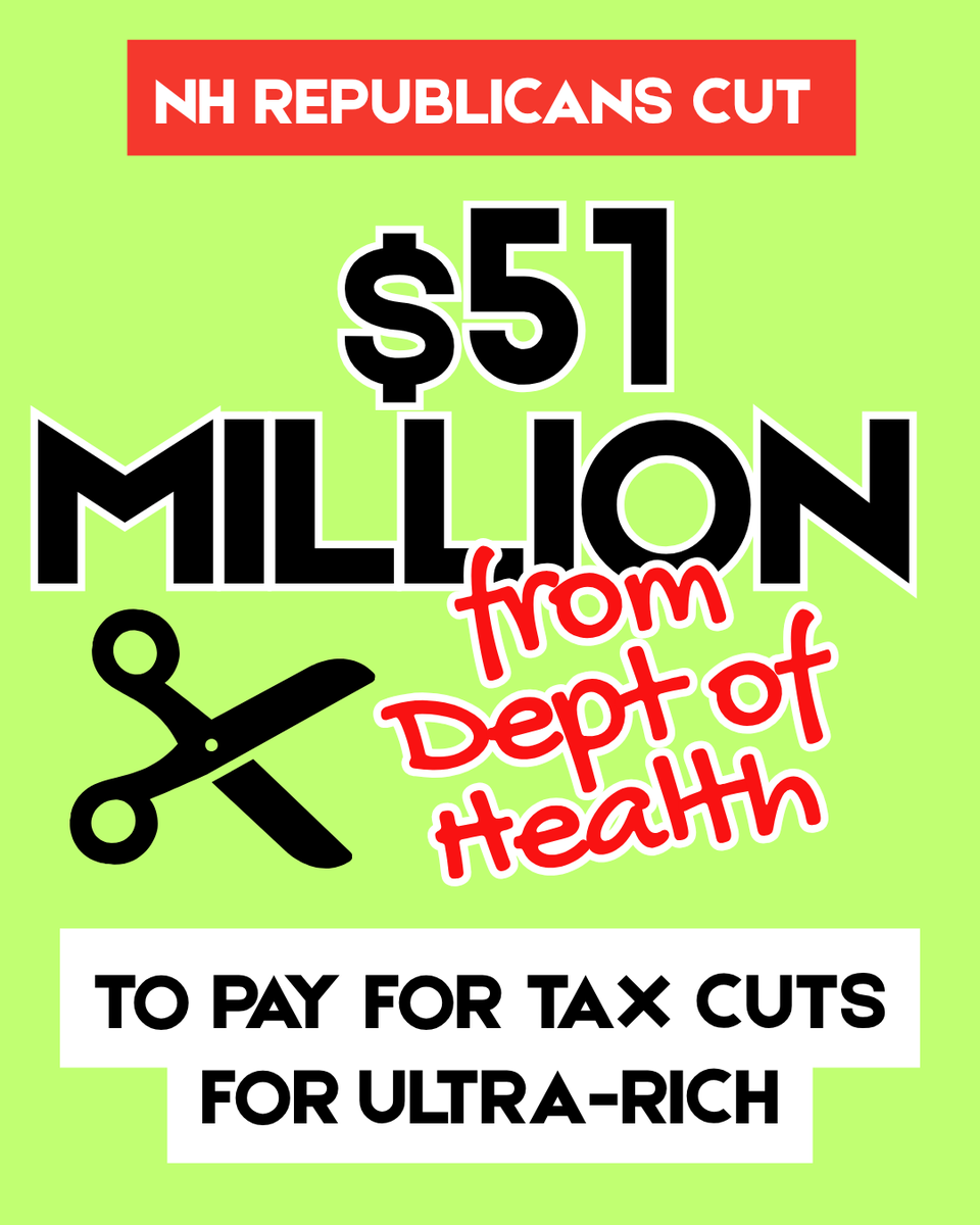 NHHouseDems's tweet image. Still learning about what NH Republicans have done in the State Budget and how it will impact YOU?
They cut $51 million from the agency that runs Medicaid, keeps kids safe from abuse, funds mental health clinics, + helps seniors stay in their homes.
Call it out. #NHPolitics