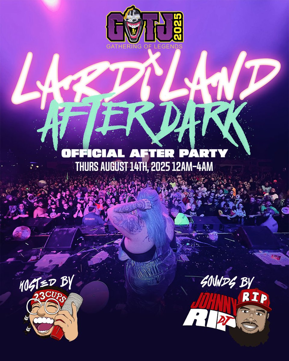 𝗚𝗢𝗧𝗝 𝗣𝗔𝗥𝗧𝗬 𝗦𝗣𝗢𝗧𝗟𝗜𝗚𝗛𝗧: 𝗟𝗔𝗥𝗗𝗜𝗟𝗔𝗡𝗗 𝗔𝗙𝗧𝗘𝗥 𝗗𝗔𝗥𝗞!  

When the moon rises over The Gathering of the Juggalos, LardiLand After Dark ignites like a sugar-rushed fever dream dipped in glitter, sweat, and total unhinged chaos. This is a neon-drenched,