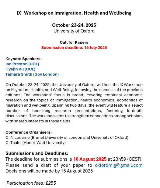 Catia Nicodemo (@catianicodemo) on Twitter photo Submit your paper for IX Workshop on #Migration, #Health & #Wellbeing <a href="/UniofOxford/">University of Oxford</a>
📅 23-24 Oct 2025
Keynotes:
@UCL's Ian Preston & Hyejin Ku
Gov's Tamara Smith
Submit draft to oxfordmig@gmail.com by Aug 10
<a href="/brunelbusiness/">BrunelBusinessSchool</a> <a href="/OxChseo/">Centre for Health Service Economics & Organisation</a> <a href="/UniofOxford/">University of Oxford</a> Submit your paper for IX Workshop on #Migration, #Health & #Wellbeing <a href="/UniofOxford/">University of Oxford</a>
📅 23-24 Oct 2025
Keynotes:
@UCL's Ian Preston & Hyejin Ku
Gov's Tamara Smith
Submit draft to oxfordmig@gmail.com by Aug 10
<a href="/brunelbusiness/">BrunelBusinessSchool</a> <a href="/OxChseo/">Centre for Health Service Economics & Organisation</a> <a href="/UniofOxford/">University of Oxford</a>