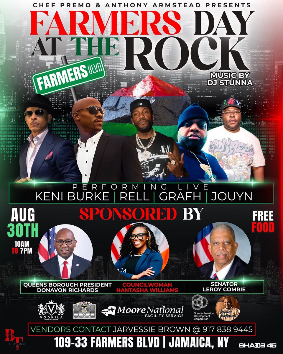 LeroyComrie's tweet image. I’m proud to sponsor Farmers Day at the Rock alongside @QnsBPRichards & @CMNantashaW! Join us Fri, Aug 30th on Farmers Blvd for live music, free food & real community love. Performances by Keni Burke, Rell, Grafh & more. Don’t miss it!
#FarmersDayAtTheRock