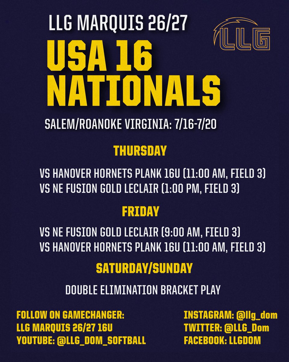 Updated game times for this week! Let’s go! ⚡️🥎 <a href="/Org_LLG/">Lady Lightning Gold Org Account</a>