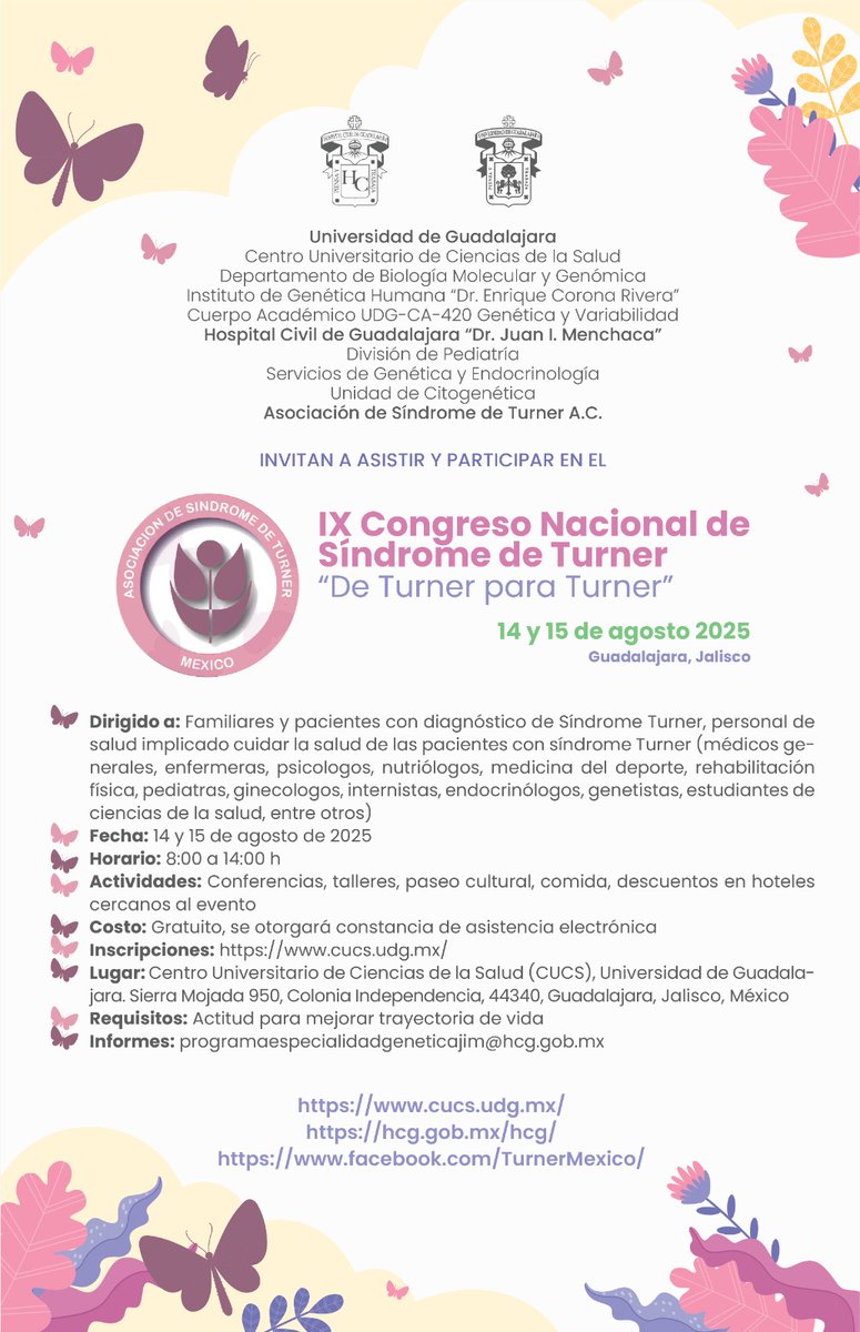 Asiste al IX Congreso Nacional de Síndrome de Turner "De Turner para Turner" 📣🧬

Un espacio para compartir, aprender y fortalecer la atención a quienes viven con el Síndrome de Turner.

Consulta más información 👉 cucs.udg.mx/evento/