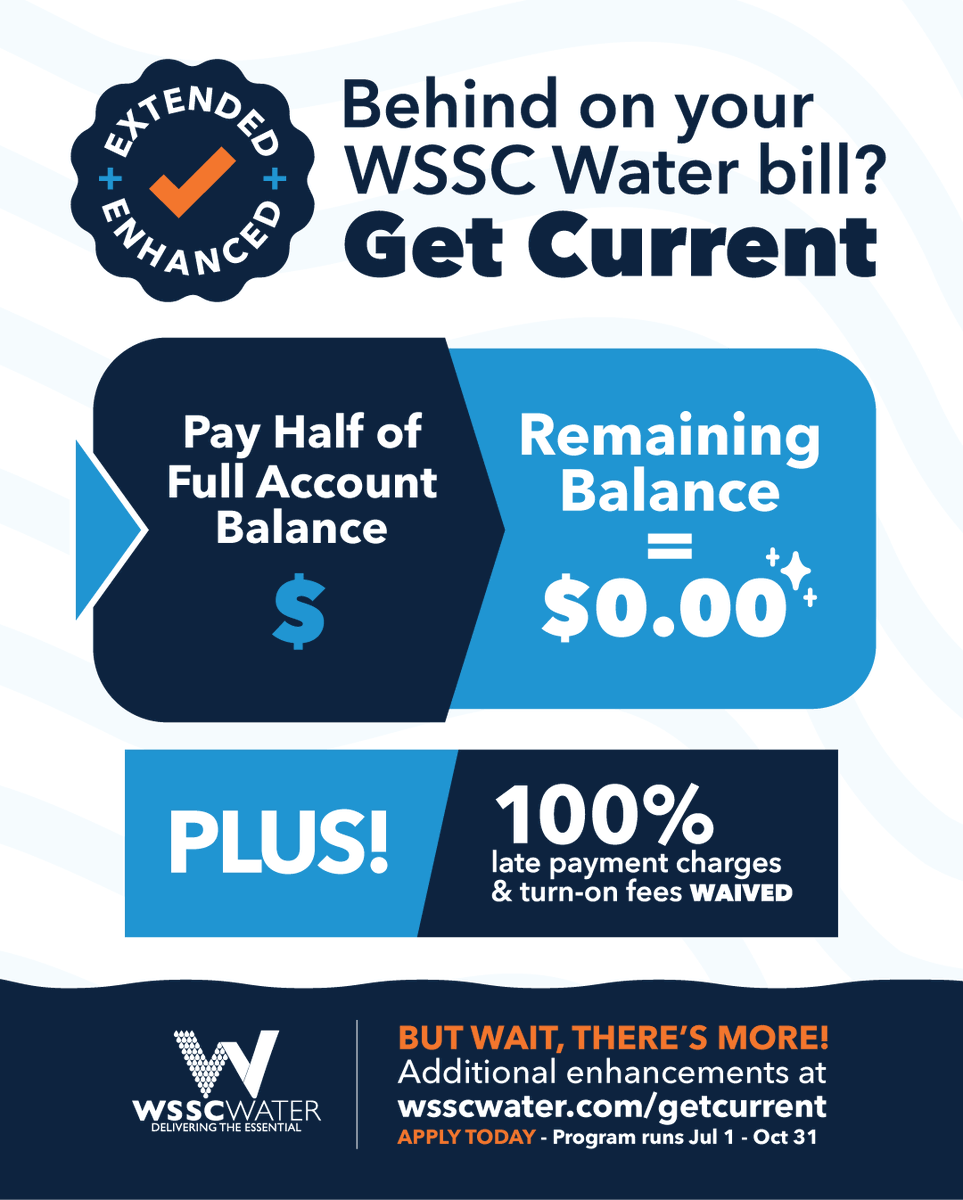 MontCoExec's tweet image. Need help with a past-due water bill? @WSSCWaterNews has extended and enhanced its Get Current 2.0 assistance program through October 31!
--Pay half, get half forgiven
-- Waived late fees & turn-on charges
-- Flexible payment plans
Learn more: wsscwater.com/getcurrent