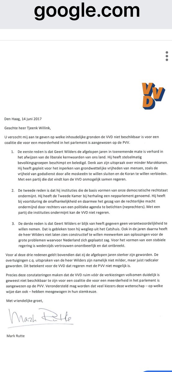 Terphuis's tweet image. Let wel in 2017 schreef Rutte deze brief aan informateur Tjeenk Willink en maakte duidelijk NIET met #Wilders samen te werken om hele principiële redenen. Maar @DilanYesilgoz zag in 2023 GEEN bezwaar tegen samenwerking met Wilders; enkel eigen gewin. Schaamteloos. #yesilgöz #VVD