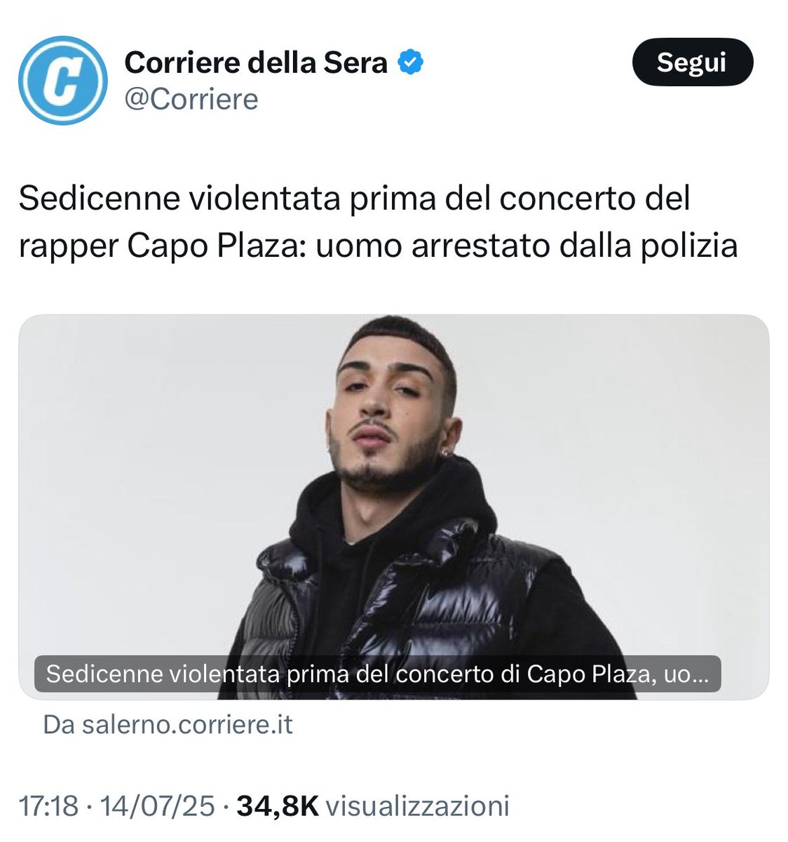 Perché mettere l’immagine del rapper salernitano Capo Plaza?

Ah già! Non essendo un “maschio bianco”, del violentatore marocchino non sappiamo nulla: nessun nome, nessun cognome, nessuna foto, nessun quadro astrale.