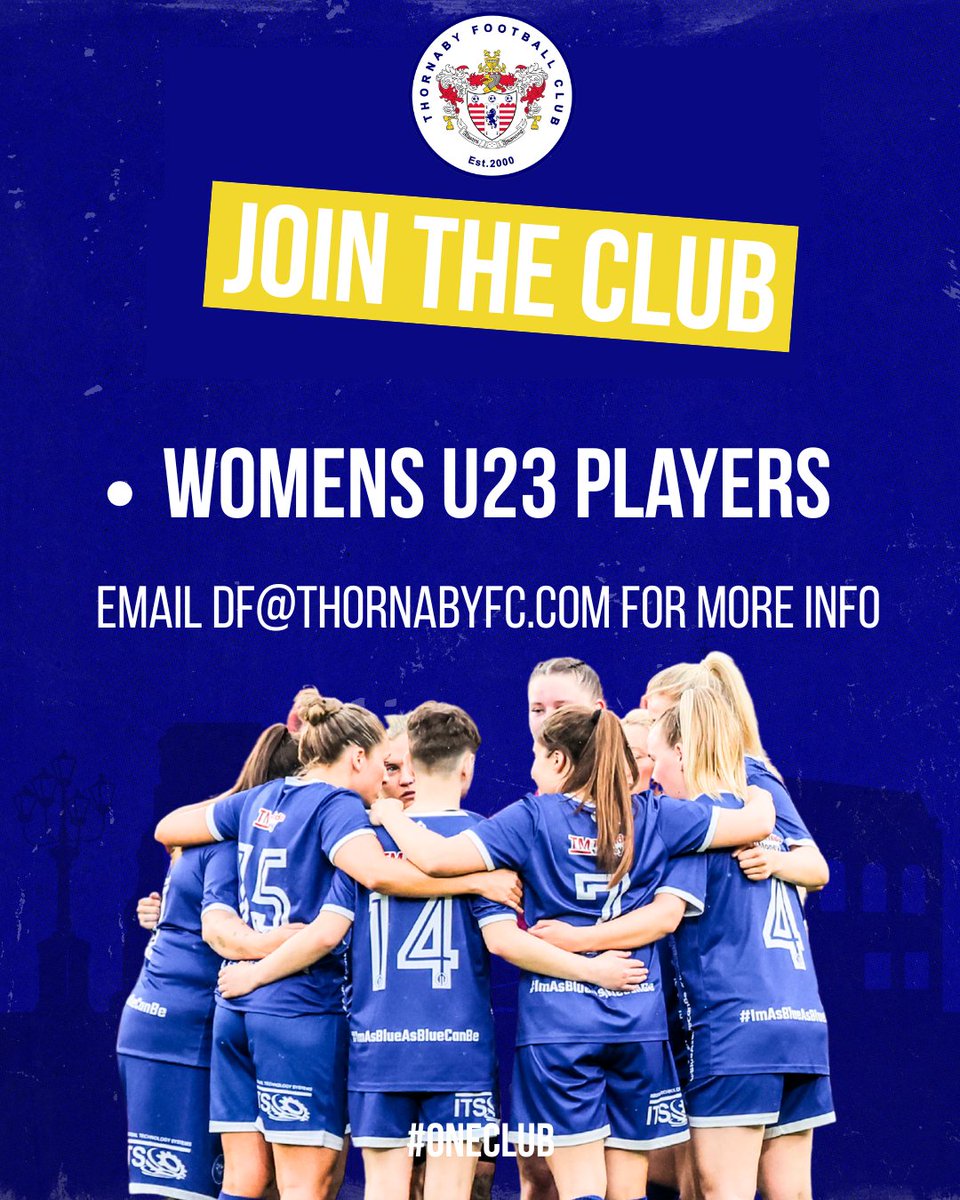 Thornaby FC (@thornabyfc_) on Twitter photo 🔊JOIN THE CLUB
We are recruiting for both our new U23 squads ahead of the upcoming campaign.
🔹 Men’s U23 Head Coach
🔹 Men’s U23 Players
🔹 Women’s U23 Players
Interested in joining our amazing club?
Email: df@thornabyfc.com 🔊JOIN THE CLUB
We are recruiting for both our new U23 squads ahead of the upcoming campaign.
🔹 Men’s U23 Head Coach
🔹 Men’s U23 Players
🔹 Women’s U23 Players
Interested in joining our amazing club?
Email: df@thornabyfc.com