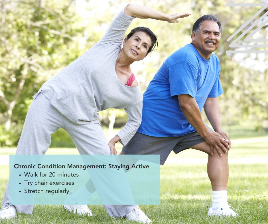 Staying active is one of the best ways to manage chronic conditions.

Even light daily movement can help with blood pressure, mobility, and mood.
• Walk for 20 minutes
• Try chair exercises
• Stretch regularly
Check with your doctor before starting anything new. Zing Health