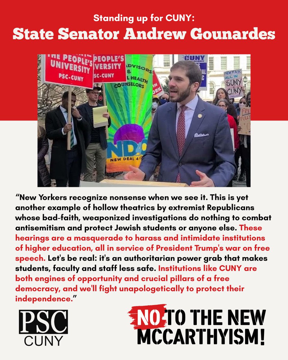 PSC_CUNY's tweet image. "This is yet another example of hollow theatrics by extremist Republicans whose bad-faith, weaponized investigations do nothing to combat antisemitism and protect Jewish students or anyone else." -- @Sen_Gounardes #HandsOffHigherEd @AFTunion @NYSUT @AAUP @CUNYRising @UCAFT