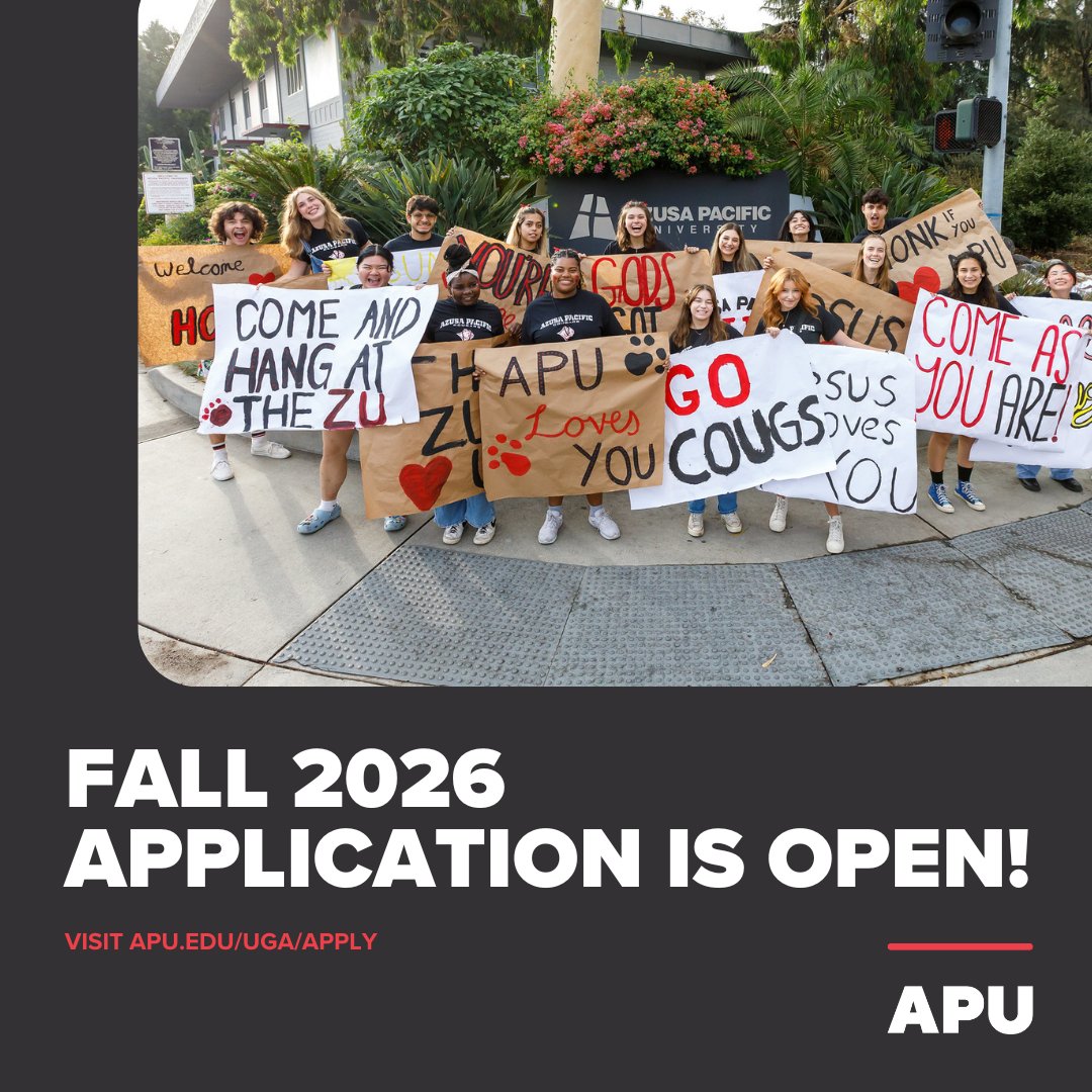azusapacific's tweet photo. 🎉 Big news! Applications for Fall 2026 are officially OPEN!
Whether you're ready to follow your calling, grow in faith, or pursue your purpose—your journey starts now at APU. 🐾
Apply: https://t.co/GwmJBDwy6W
Don’t wait—make your future happen.
#APUBound https://t.co/f24oRkKW0H