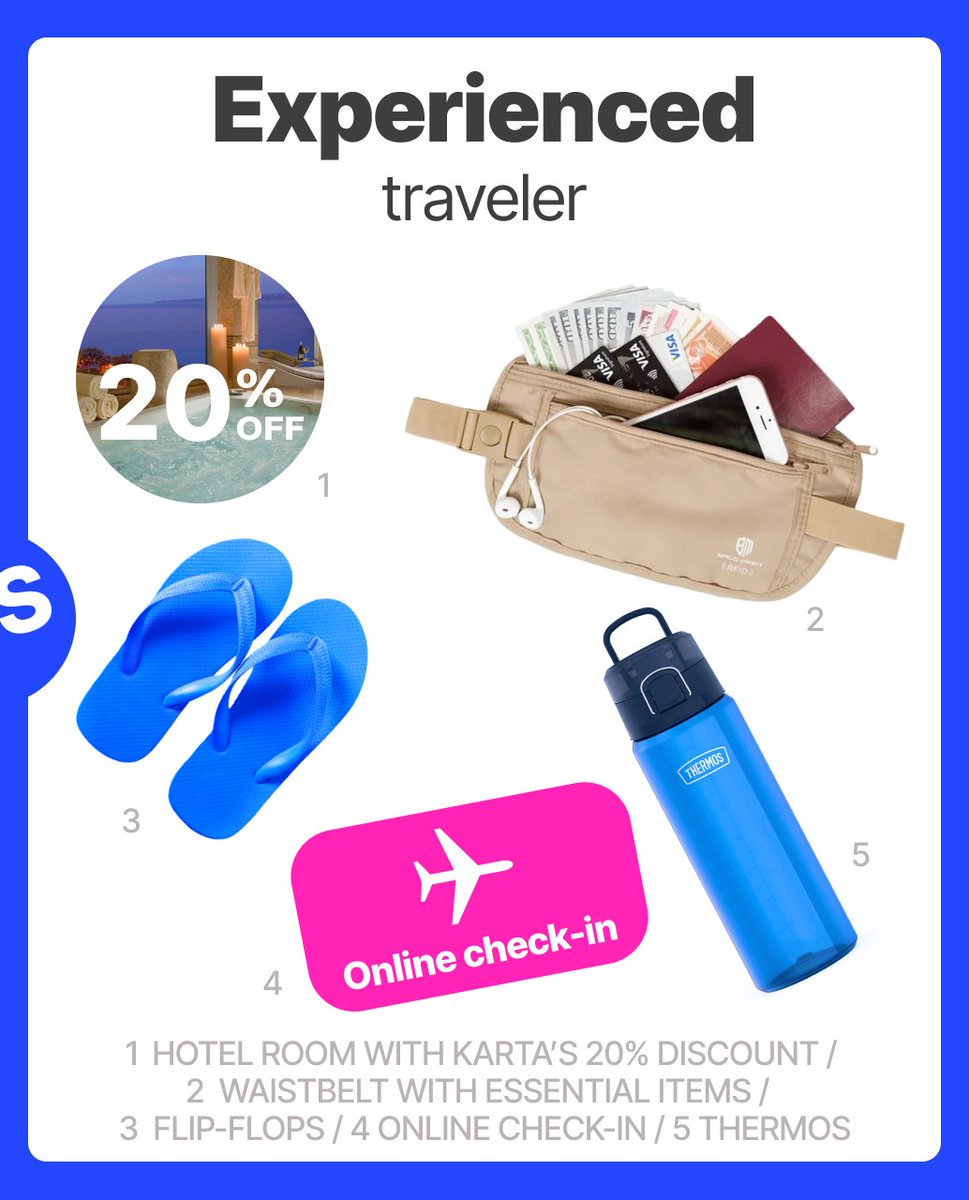 Beginner: overpriced hotel rooms, Starbucks cup, physical check-in, 32 kg luggage

Experienced: waist belt with essentials only, comfy flip-flops, online check-in, thermos, hotel deals with 20% discount

Which traveler are you? 👇

Beginner — 😍
Experienced — 🤓