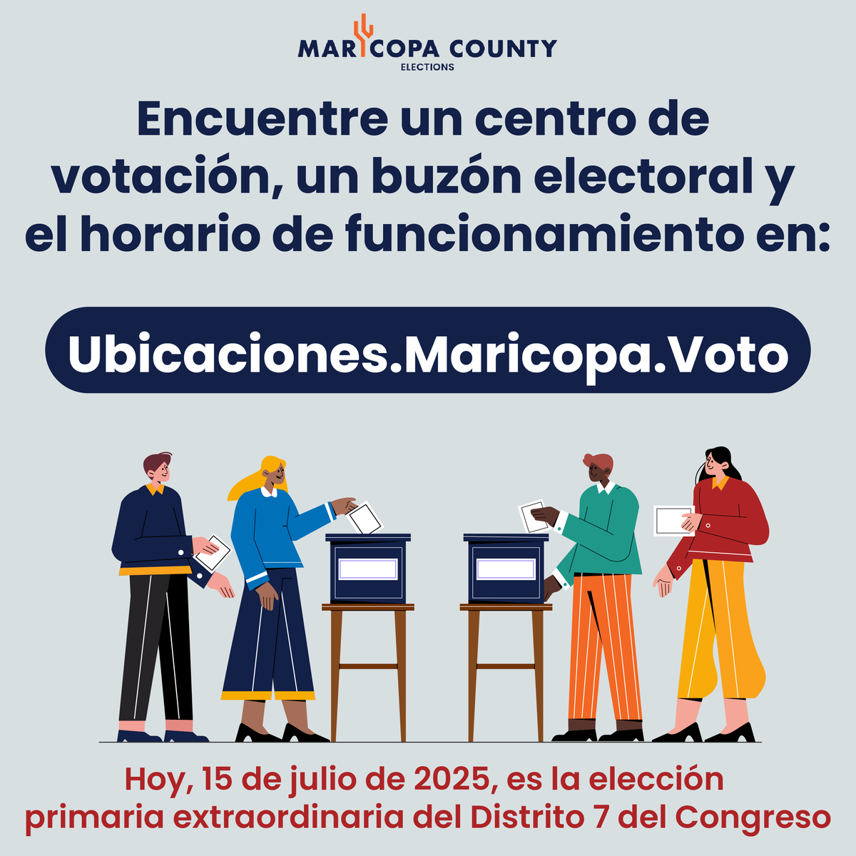 MaricopaVote's tweet image. ¡Hoy, 15 de julio, es la Elección Primaria Extraordinaria del Distrito 7! Centros de votación están abiertos de 6 a. m. a 7 p. m. Encuentra ubicaciones, horarios y tiempos de espera en vivo en Ubicaciones.Maricopa.Voto