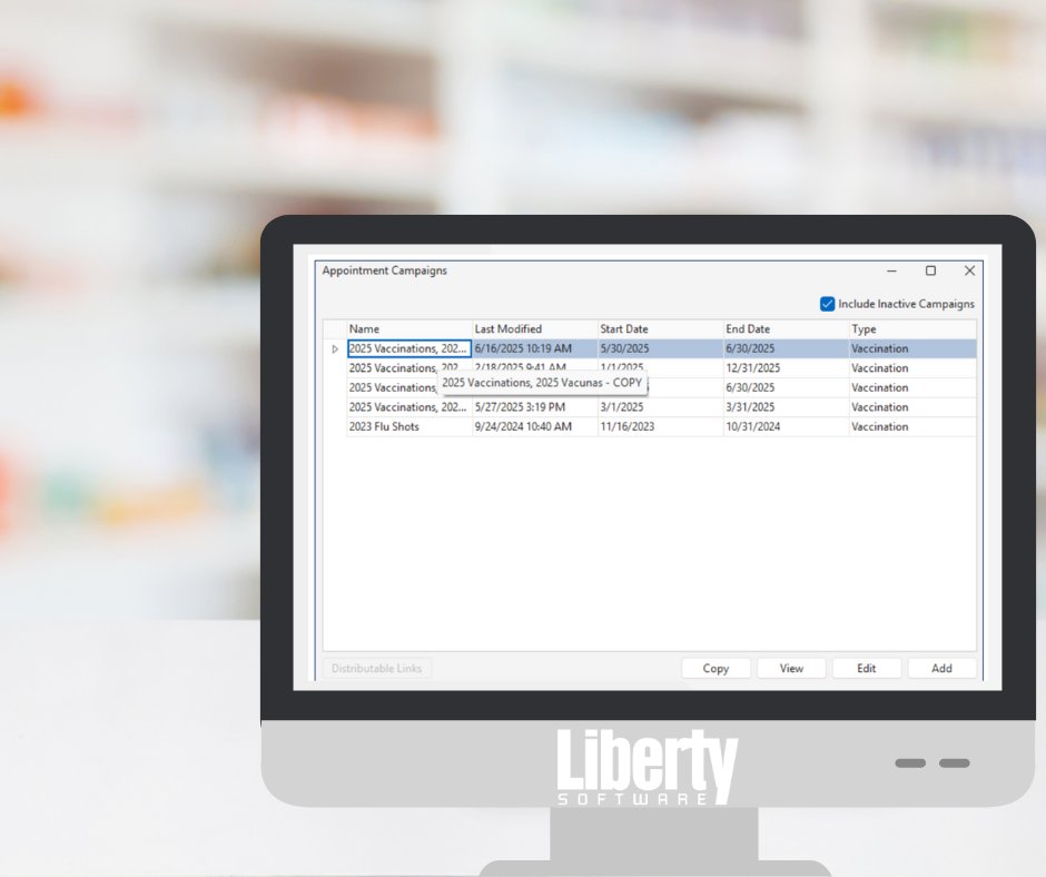 LibertySoftware's tweet image. What’s new in your Appointment Queue?

Smarter campaigns. Easier booking. Automated reminders. Custom intake.

All inside Rx365.

Book a call to set up your next campaign today: hubs.ly/Q03xcK220
