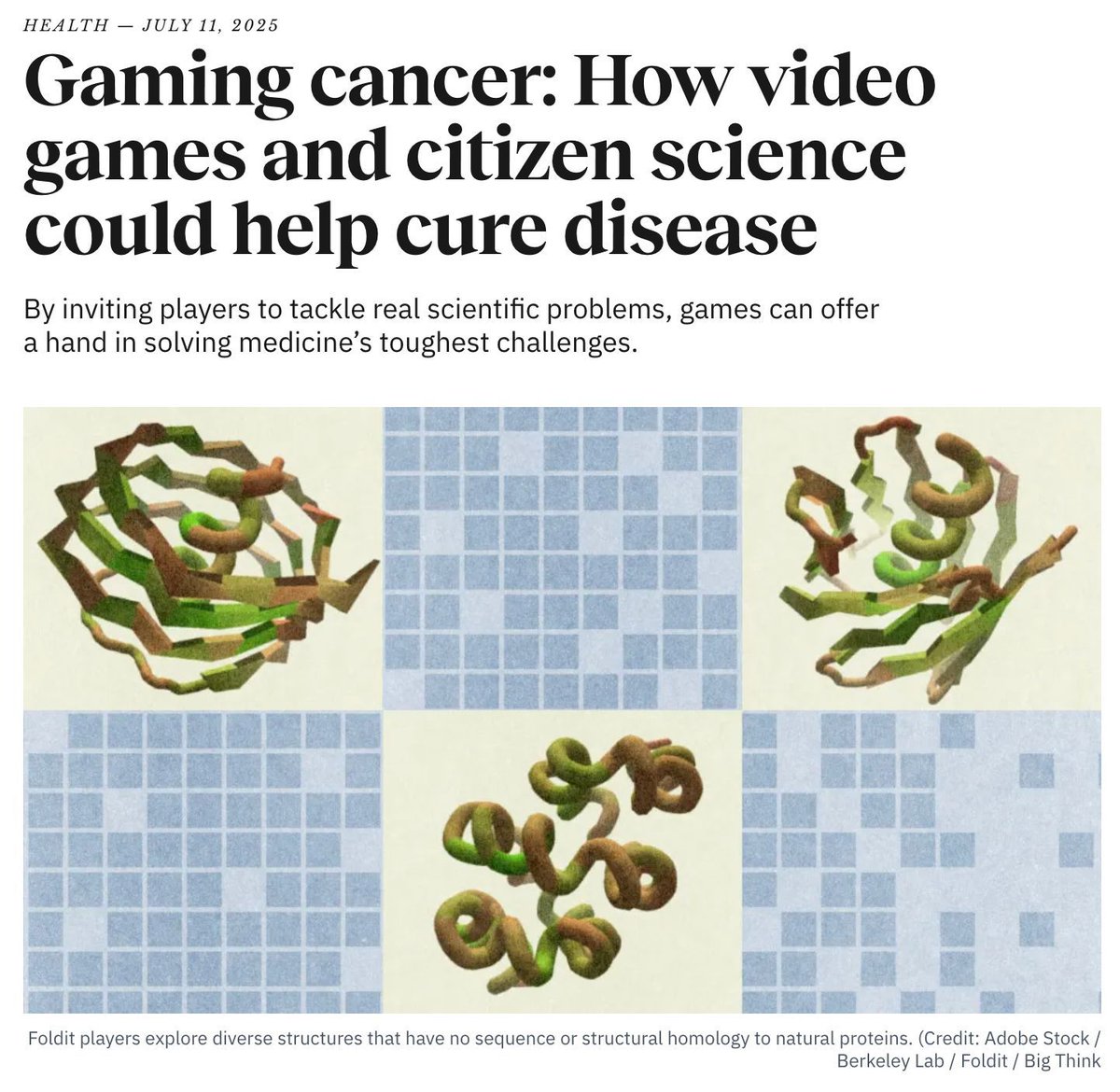 bigthink's tweet image. Can video games cure cancer?
Read more: bigthink.com/health/video-g…
@JeffYoshimi @BerkeleyLab @Foldit