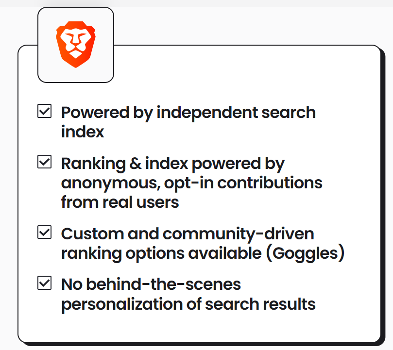 There is a thing called "Goggles" which lets you alter your search results ranking according to your own preferences, unlike google which shows you what's trending not what 'you' think matters

<a href="/brave/">Brave</a>, you are crushing it at the browser game! 🔥