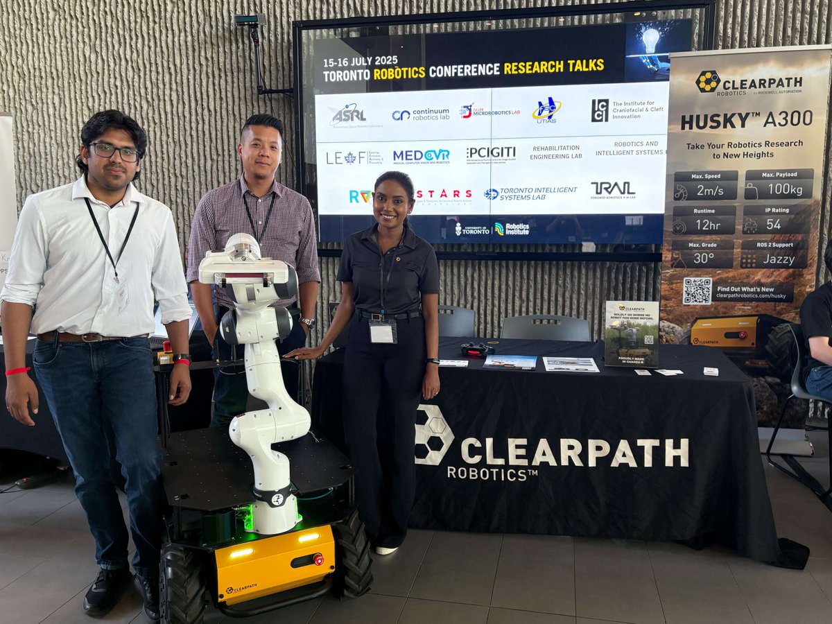 clearpathrobots's tweet photo. We are excited to be at the #TorontoRoboticsConference today, hosted at the @UofT!
We brought along our #HuskyA300 with a @FRANKAROBOTICS Research 3 arm to showcase how our platforms can accelerate your #AIRobotics research in mobility and manipulation. https://t.co/IomCeNr7Q5