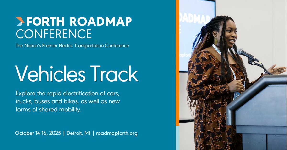 ForthMobility's tweet image. From affordable EVs to fleet electrification, the Vehicles Track at #RoadmapForth 2025 examines the future of clean mobility.

 ⚡️ V2X innovation
 📉 Fleet cost savings
 🔌 Consumer engagement
 🚲 Shared electric options

Learn more and register at 🔗 roadmapforth.org