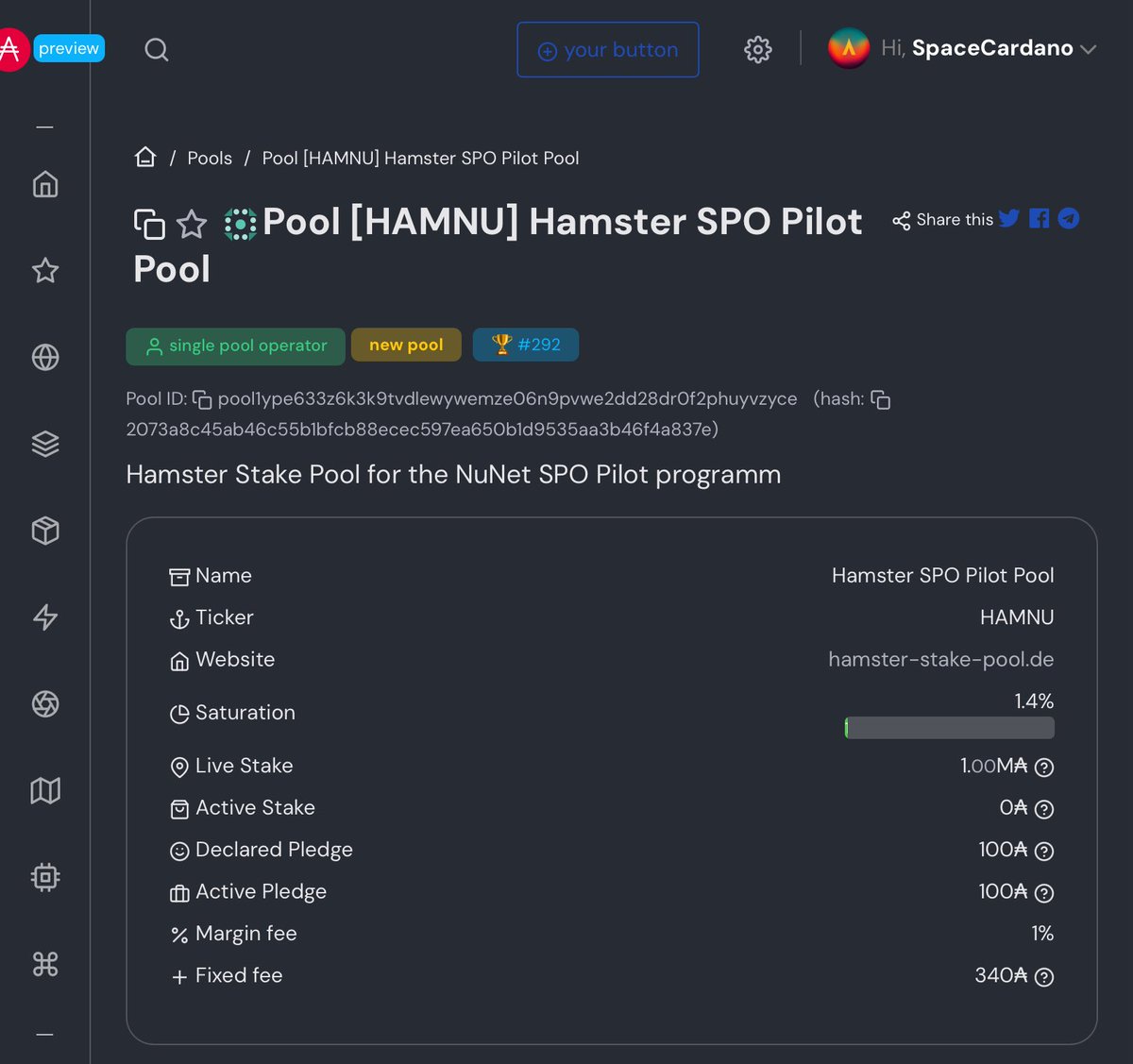 HAMDAStakePool's tweet image. I have set up and registered my @nunet_global SPO pilot test pool on the #Cardano preview network. DMS test deployments will follow later this week.
preview.cexplorer.io/pool/pool1ype6…
