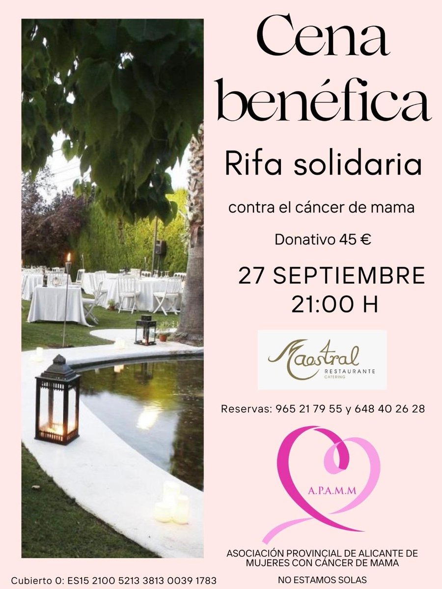 Estamos encantadas de anunciar nuestra próxima cena benéfica.
Para apuntaros sólo tenéis que contactar con nosotras en los teléfonos que para reservas figuran en el cartel.
Habrá rifa y risas aseguradas.

📍 @Restaurante Maestral
📅 27 septiembre
⏰ 21 horas

Os esperamos!!