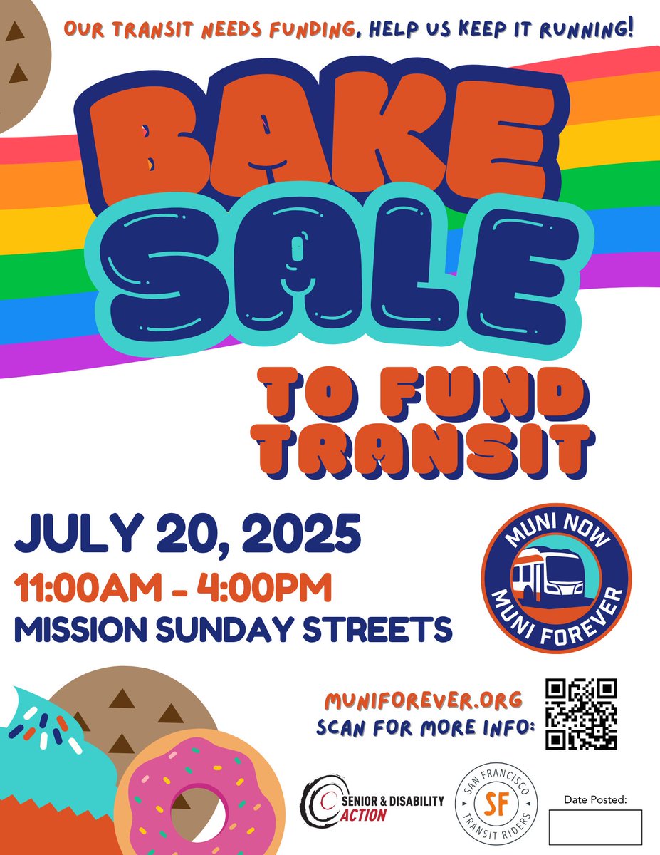 SFTRU's tweet image. Join @Muni_Forever this weekend at Sunday Streets in the Mission! Learn about what's going on with transit funding, what happens if we don't raise money, and how to keep our transit ALIVE!
....or else we'll have to sell A LOT of baked goods.
More info: buff.ly/Z6gI7FQ