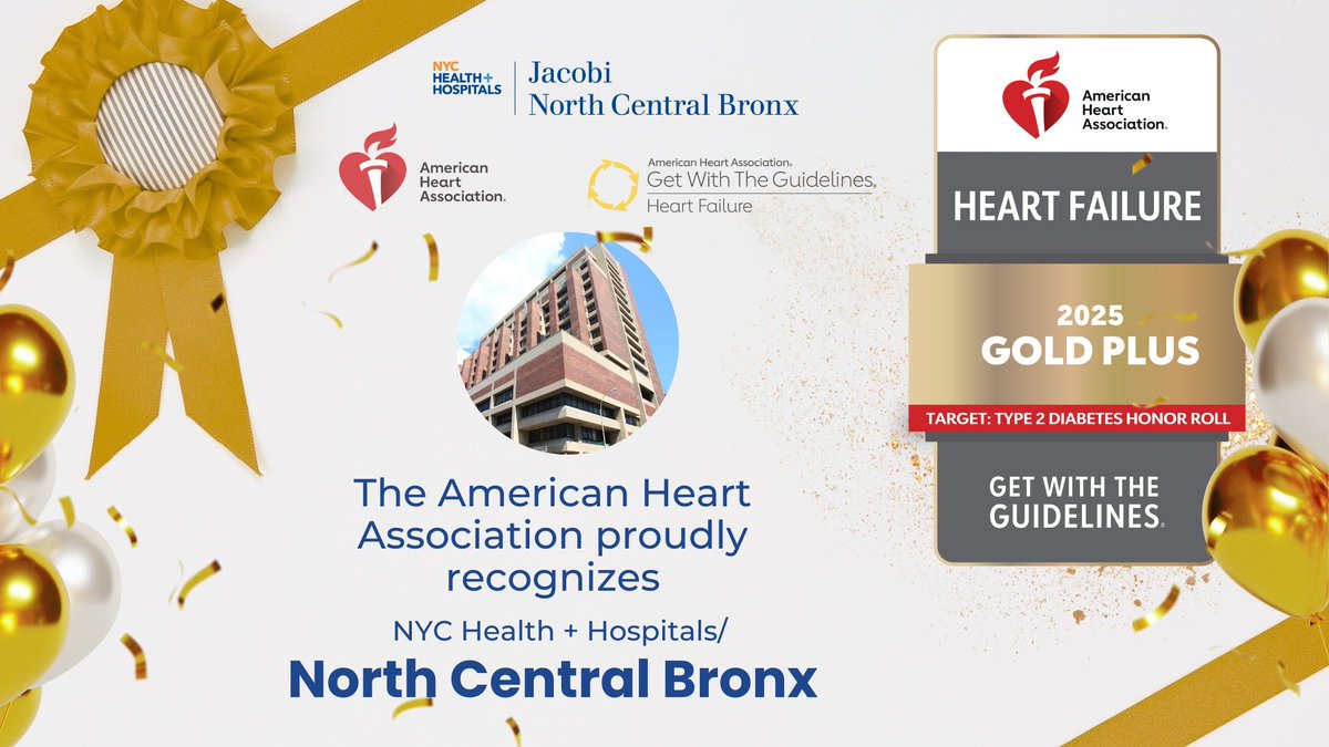 JacobiHosp's tweet image. Proud to announce North Central Bronx received top honors from the @American_Heart!
🏅 Gold Plus: Heart Failure
🏅 Gold: Resuscitation
🎯 Target: Resuscitation Survival
Thank you to our amazing team for leading with heart. 💙
#HeartHealth #AHARecognition #Bronx💪 #JacobiNCBProud