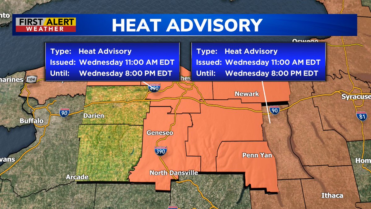 Roc_wx_leader's tweet image. Parts of Western New York are under a Heat Advisory. For weather updates go to whec.com/weather/
