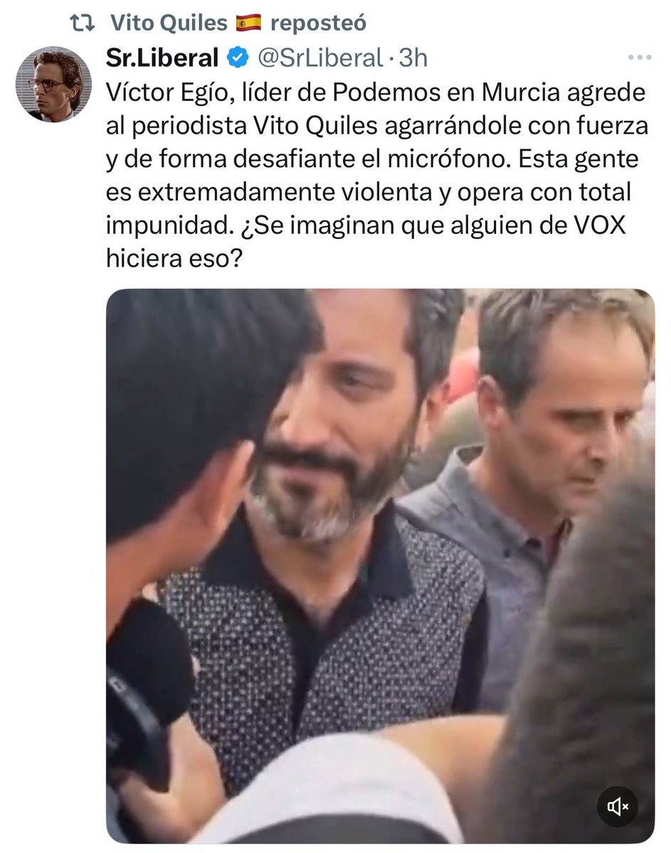 EgioVictor's tweet image. A ver, Sr. Fascista. Violencia es apalear a inmigrantes como hacen vuestros amigos en Torre Pacheco. Lo que yo he hecho ha sido reírme de Vito Quiles en su cara y demostrar que es un mierda.