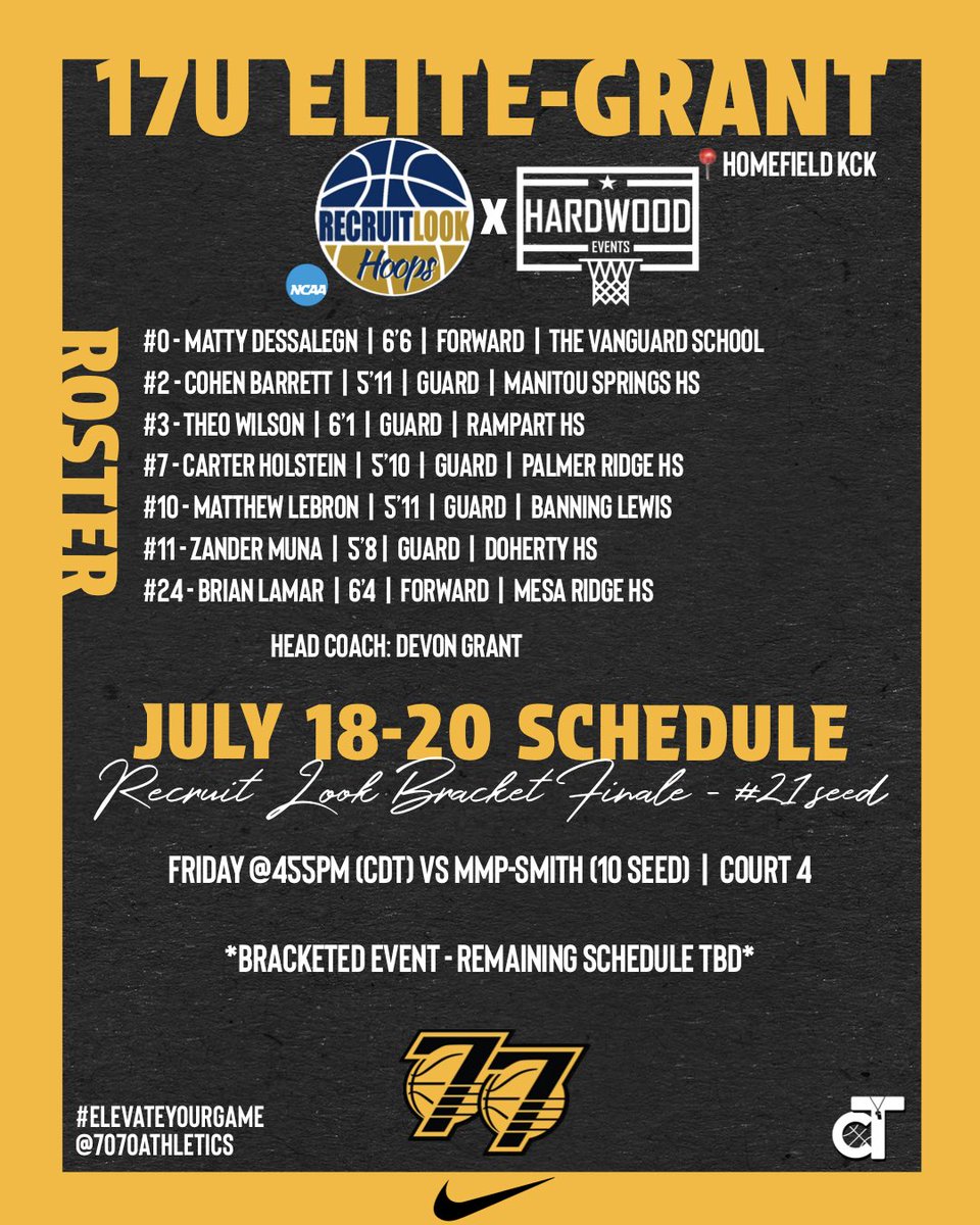 7070Athletics (@7070athletics) on Twitter photo Weekend Schedule Release <a href="/RL_Hoops/">RecruitLook Hoops</a> x <a href="/HardwoodEvents/">Hardwood Events</a>
Team: 17U Elite-Grant
HC: <a href="/CoachGrant10/">Coach Grant</a>
**Any schedule changes can be found on the Tourney Machine App**
#ElevateYourGame | #WeComin | #LoyalToTheSprings Weekend Schedule Release <a href="/RL_Hoops/">RecruitLook Hoops</a> x <a href="/HardwoodEvents/">Hardwood Events</a>
Team: 17U Elite-Grant
HC: <a href="/CoachGrant10/">Coach Grant</a>
**Any schedule changes can be found on the Tourney Machine App**
#ElevateYourGame | #WeComin | #LoyalToTheSprings