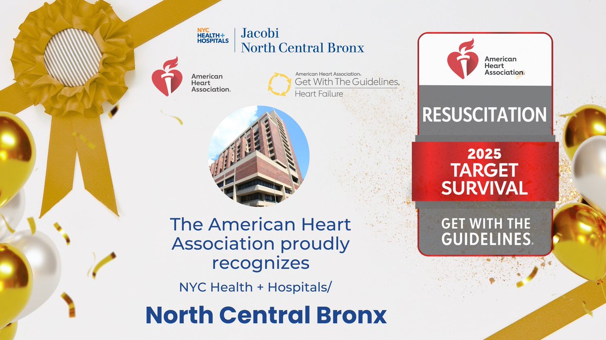 JacobiHosp's tweet image. Proud to announce North Central Bronx received top honors from the @American_Heart!
🏅 Gold Plus: Heart Failure
🏅 Gold: Resuscitation
🎯 Target: Resuscitation Survival
Thank you to our amazing team for leading with heart. 💙
#HeartHealth #AHARecognition #Bronx💪 #JacobiNCBProud
