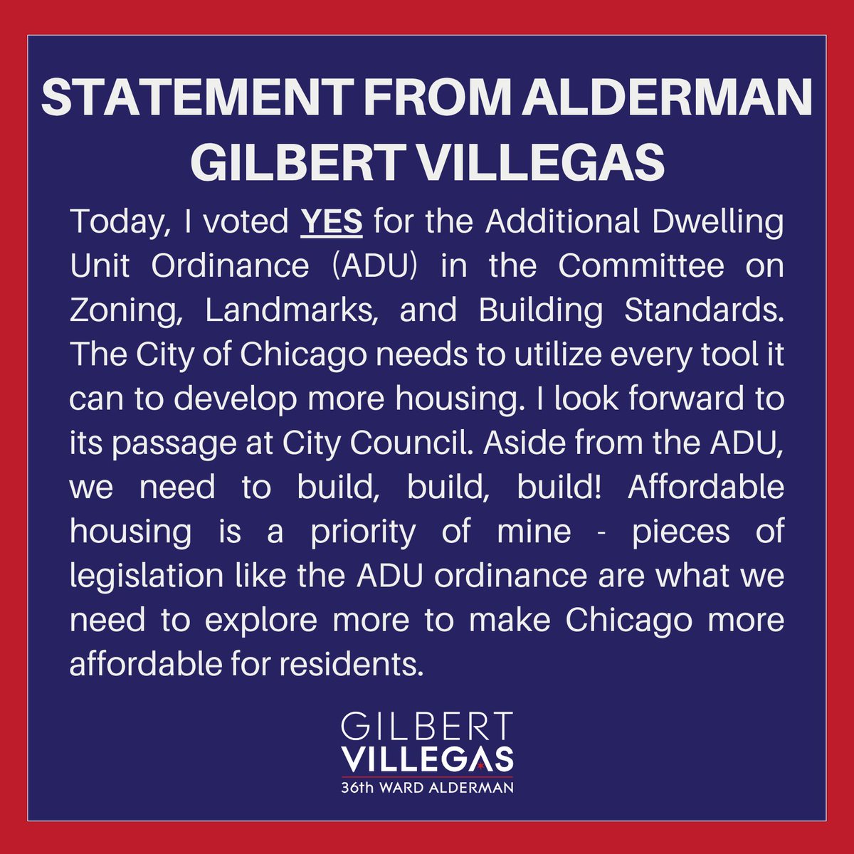 gilbert36ward's tweet image. Today, I voted YES for the Additional Dwelling Unit Ordinance (ADU) in the Committee on Zoning, Landmarks, and Building Standards. The City of Chicago needs to utilize every tool it can to develop more housing. I look forward to its passage at City Council.
Aside from the ADU,…