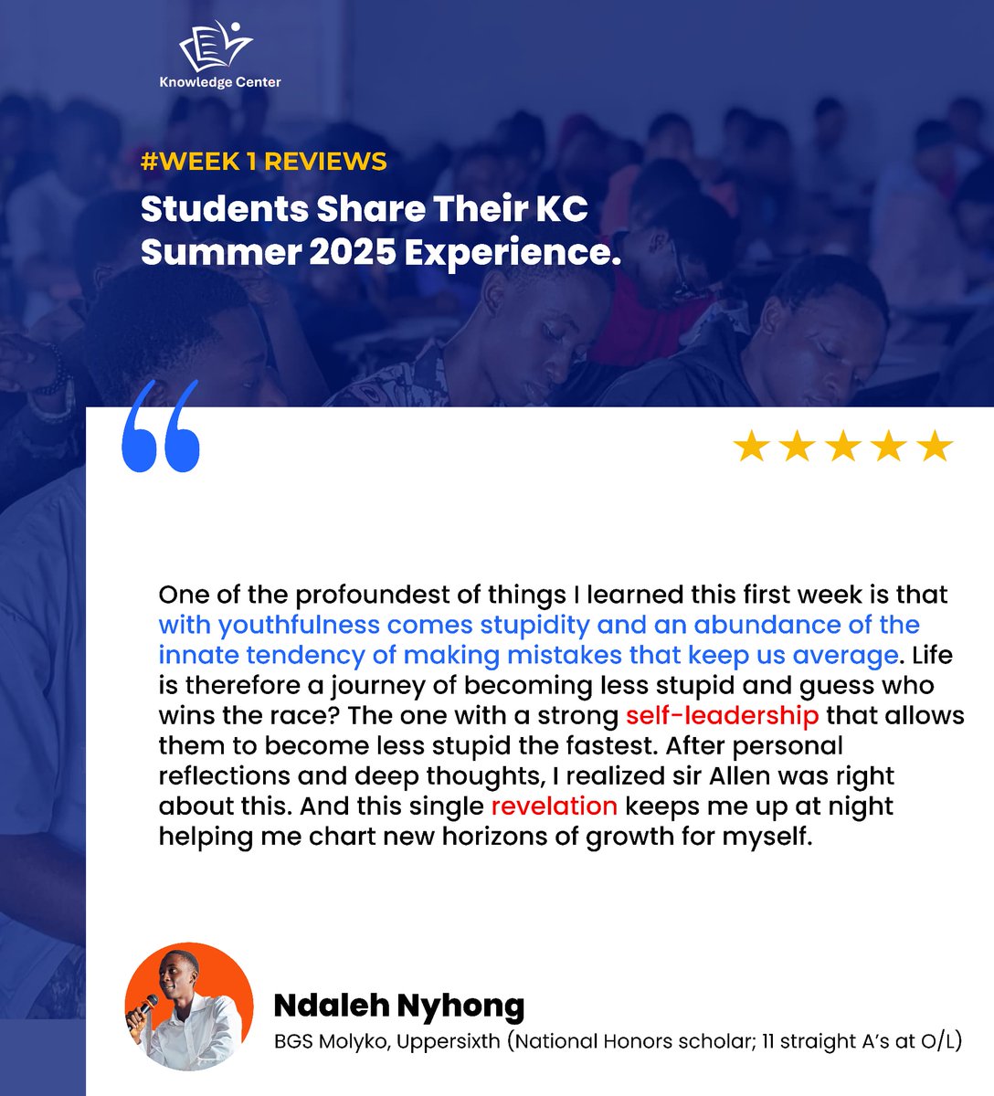 KCCameroon's tweet image. "And this single revelation keeps me up at night helping me chart new growth horizons for myself." 

Ndaleh Nyhong

#Week1Reviews #kcsummer2025 #summerexperience