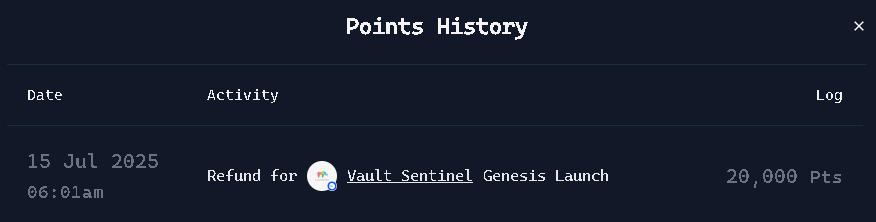 Today, I noticed that 20,000 Virgen Points were refunded from Vault Sentinel Genesis Launch.
It seems the project didn’t go through as planned, but no worries — the points are back in my balance!

This refund system really highlights how flexible and user-considerate the VADER