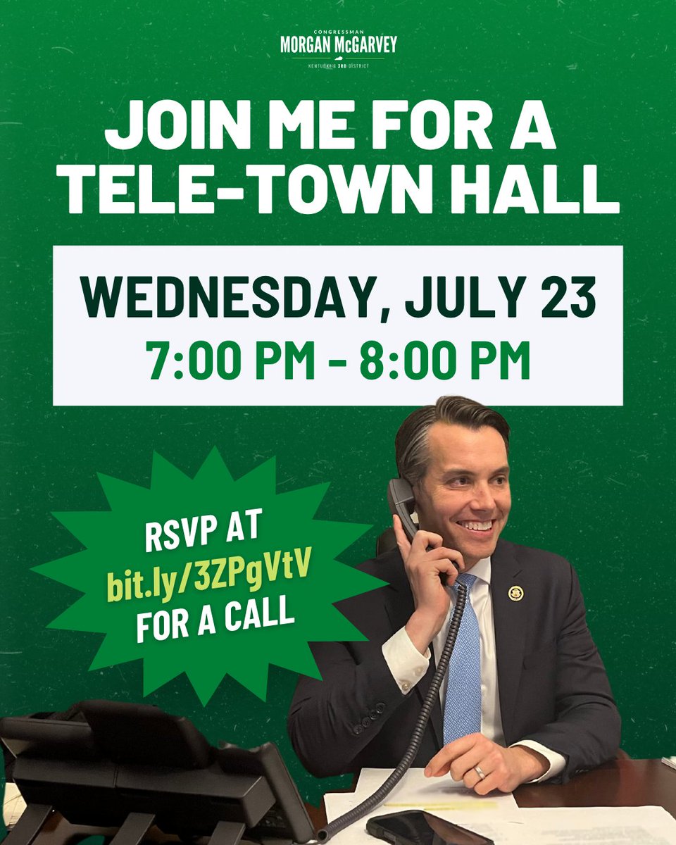 RepMcGarvey's tweet image. With so much going on in DC and Louisville, I want to hear directly from you.
I'm hosting a telephone town hall NEXT Wednesday at 7pm — I encourage every Louisvillian to join and share their thoughts.
RSVP for a call here: bit.ly/3ZPgVtV
