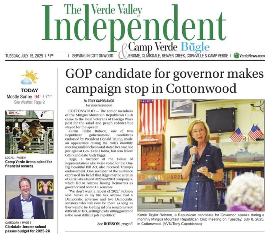 KTaylorRobson's tweet image. “From the start of her presentation, Robson, a native of Mesa and Arizona State graduate, made clear she would be a governor who “will have President Trump’s back” and “make Arizona strong again.”

📰🔗: verdenews.com/news/gop-candi…