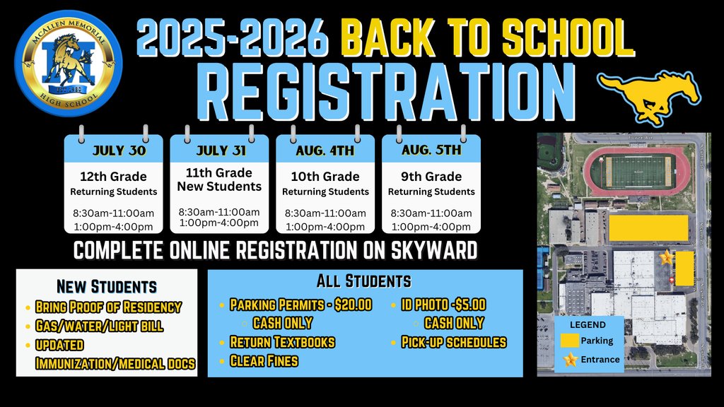 🩵📆 Mark your calendars! 📆💛
Mustangs, it’s almost time to kick off the 2025–2026 school year! 
Let’s get ready for another amazing year at McAllen Memorial High School! 💙💛
#1PRIDE