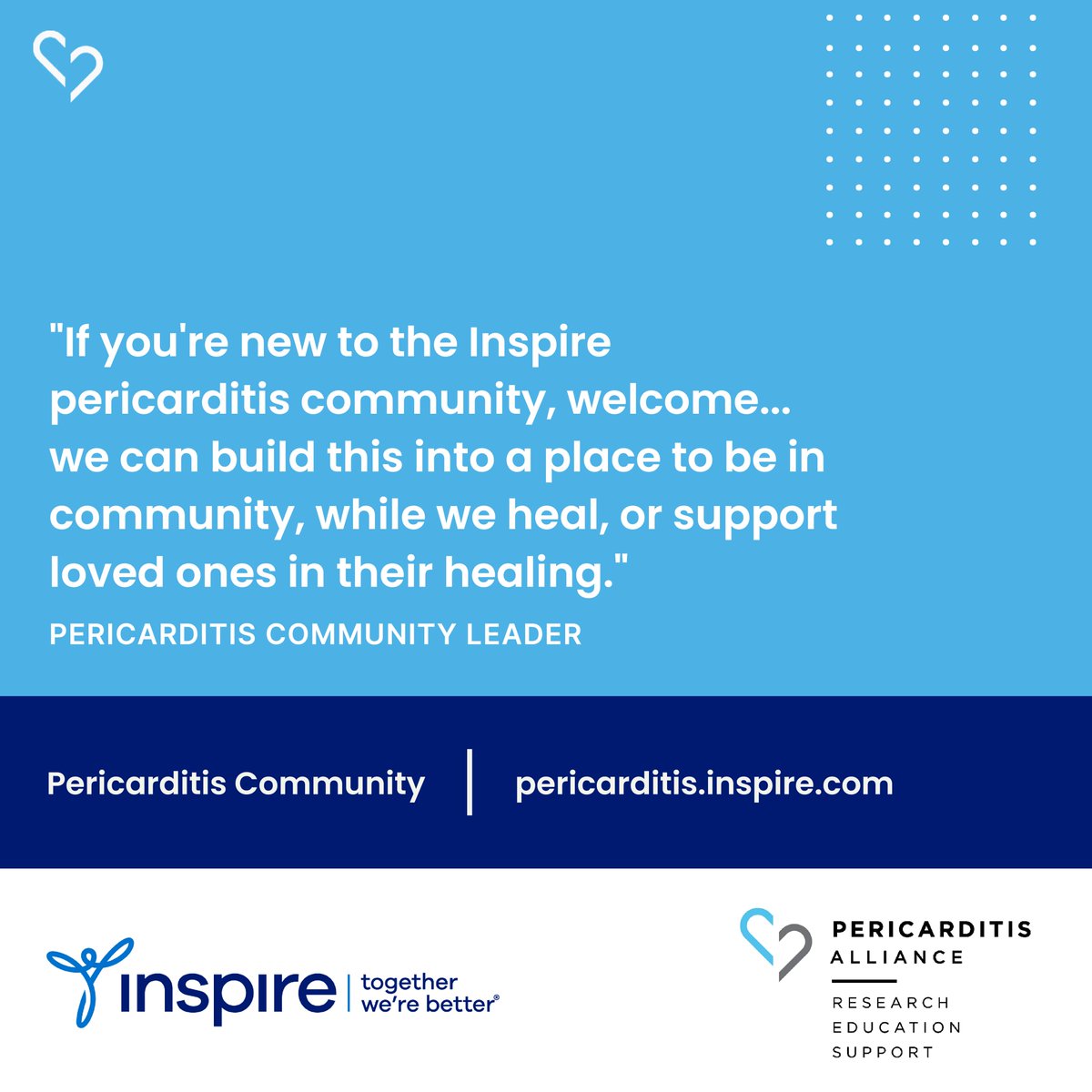 The Inspire Pericarditis Community provides a safe place to connect and find support in a community of informed and supportive patients, caregivers, family members, and providers. Please join us and expand the pericarditis community on Inspire! inspire.com/groups/pericar…