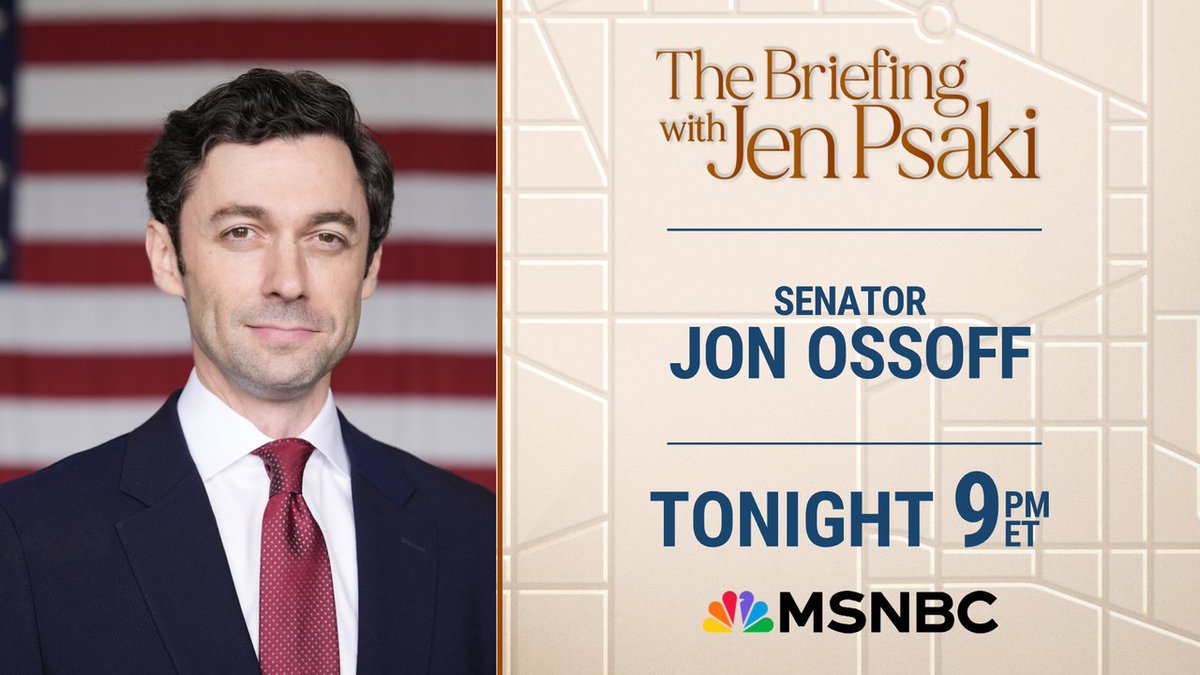 MSNBCPR's tweet image. TONIGHT: @SenOssoff joins @jrpsaki to discuss the DOJ's decision not to release the additional files related to the Jeffrey Epstein case, President Trump’s latest tariffs, and more.
Tune in to @PsakiBriefing at 9pm ET on @MSNBC.