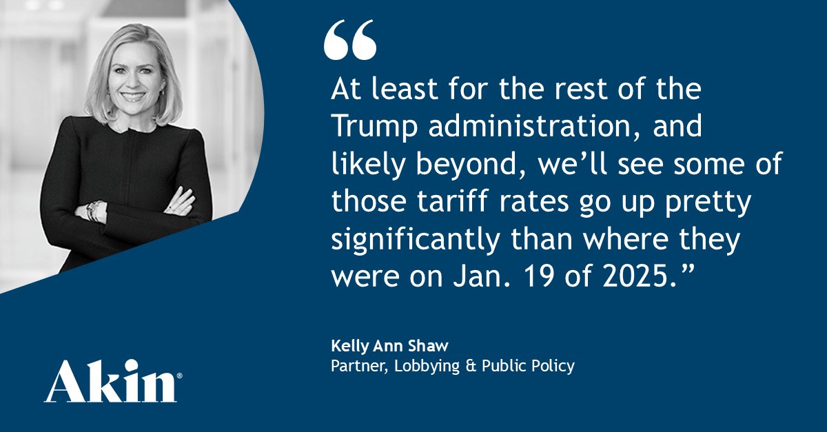 Akin lobbying &amp; public policy partner and former senior Trump administration trade official Kelly Ann Shaw speaks with <a href="/nytimes/">The New York Times</a>, <a href="/business/">Bloomberg</a> and <a href="/CBCNews/">CBC News</a> about the second Trump administration’s trade and economic policy and the impact on global trade.
For more: