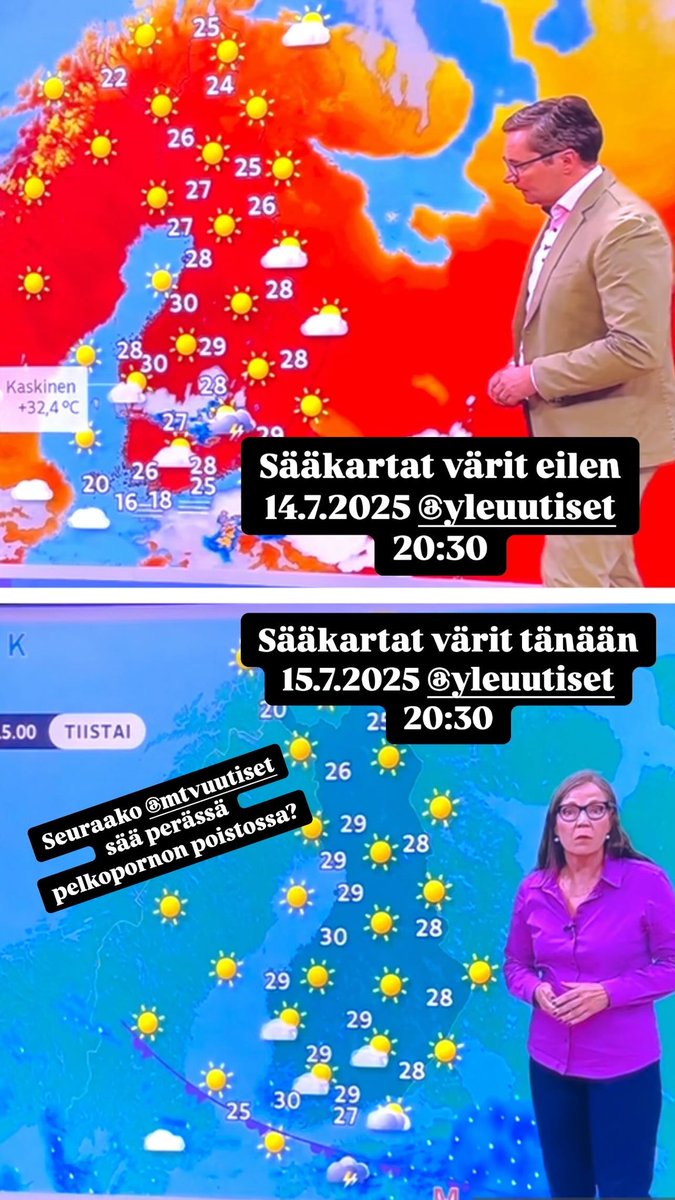 Minkkiset's tweet image. Olikohan tänään bugi sääkartassa vai luopuiko @yleuutiset säätiedotuksissa aidosti punaisesta pelkopornosta?