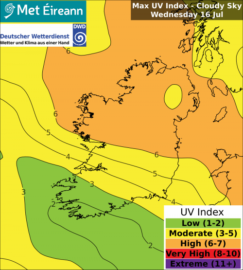 #UV index for Wednesday 16th July:  

➡️High to very high in clear skies.☀️

➡️Low to high in cloudy skies.☁️

Ensure to be #SunSmart by protecting your skin and eyes from the sun, and remain vigilant around water.😎🏊‍♀️

More info: met.ie/uv-index 🔗