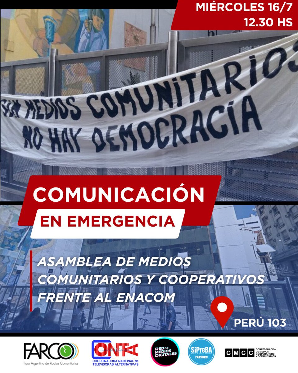 📣 Con <a href="/farcoargentina/">FARCO</a> <a href="/CONTAteve/">CONTÁ</a> y <a href="/ReddeMediosDig/">Red de Medios Digitales</a> convocamos una asamblea abierta de medios cooperativos y comunitarios. 

🗯 Sin ejecución de FOMECA, ENACOM intervenido y ataques a la prensa: la comunicación está en emergencia. 

📍 Miér 16/7 a las 12.30 en Perú 103 ⬇️