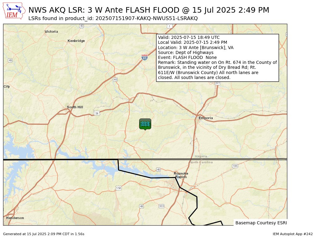 At 2:49 PM EDT, 3 W Ante [Brunswick Co, VA] Dept of Highways reports Flash Flood. Standing water on On Rt. 674 in the County of Brunswick, in the vicinity of Dry Bread Rd; Rt. 611E/W (Brunswick County) All north lanes are closed. All south... #vawx mesonet.agron.iastate.edu/lsr/?by=wfo&wf…