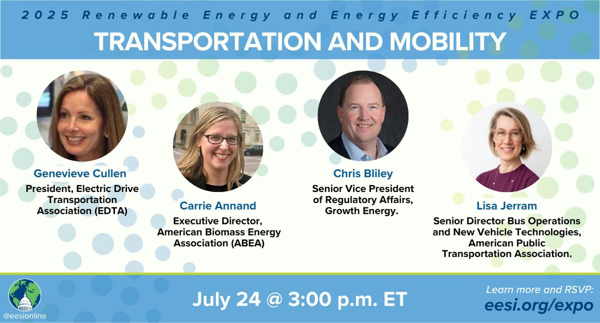 EESI's #DCEnergyExpo is happening on July 24! Our "Transportation and Mobility" panel at 3pm will focus on EVs, green fuel, and more.
🚗Genevieve Cullen, <a href="/ElectricDrive/">EDTA</a> 
🚗Carrie Annand, @USABiomass
🚗Chris Bliley, <a href="/GrowthEnergy/">Growth Energy</a>
🚗Lisa Jarram, APTF

RSVP: eesi.org/expo